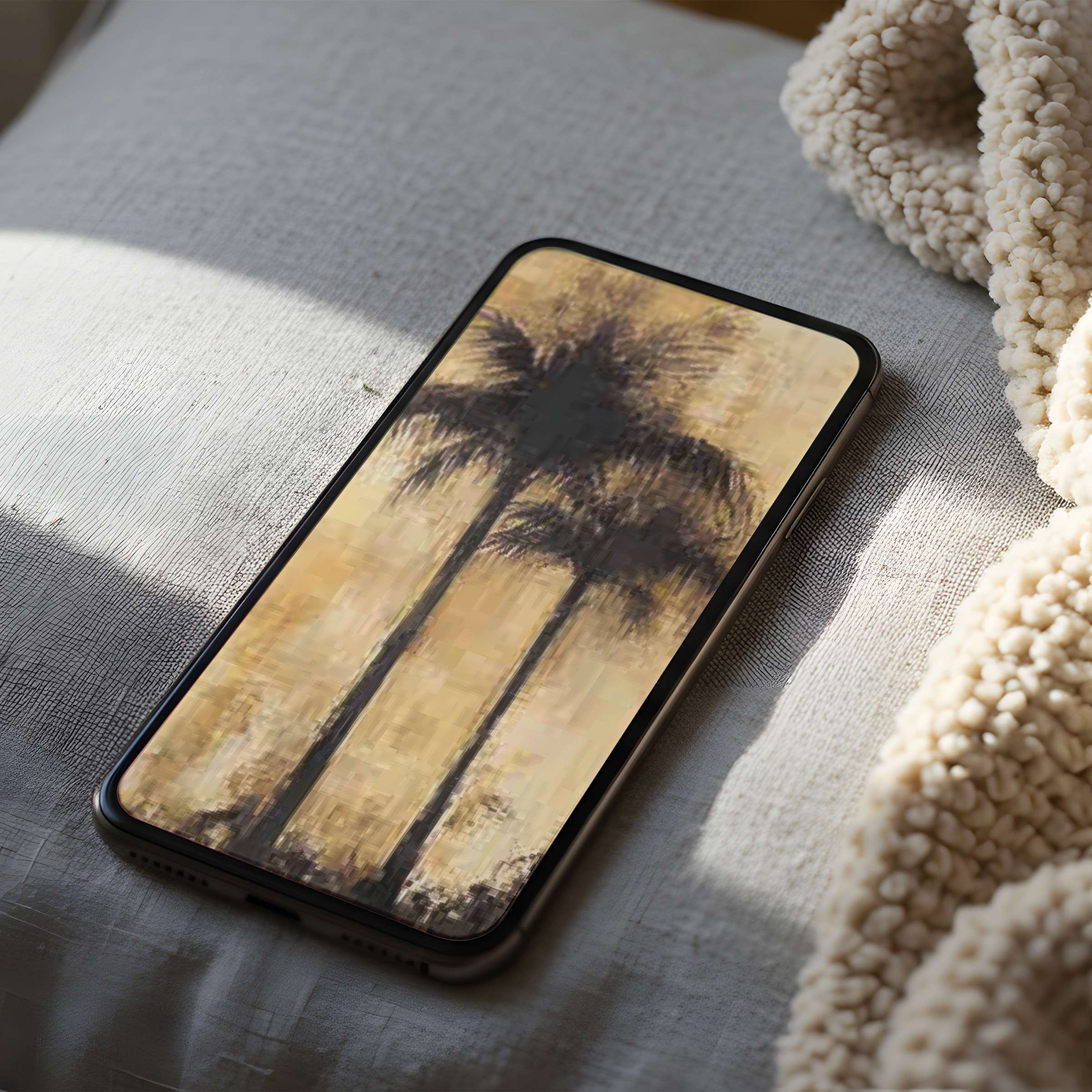 Elegant phone wallpaper featuring serene palm trees in soft earth tones, perfect for high resolution iPhone or Android digital download