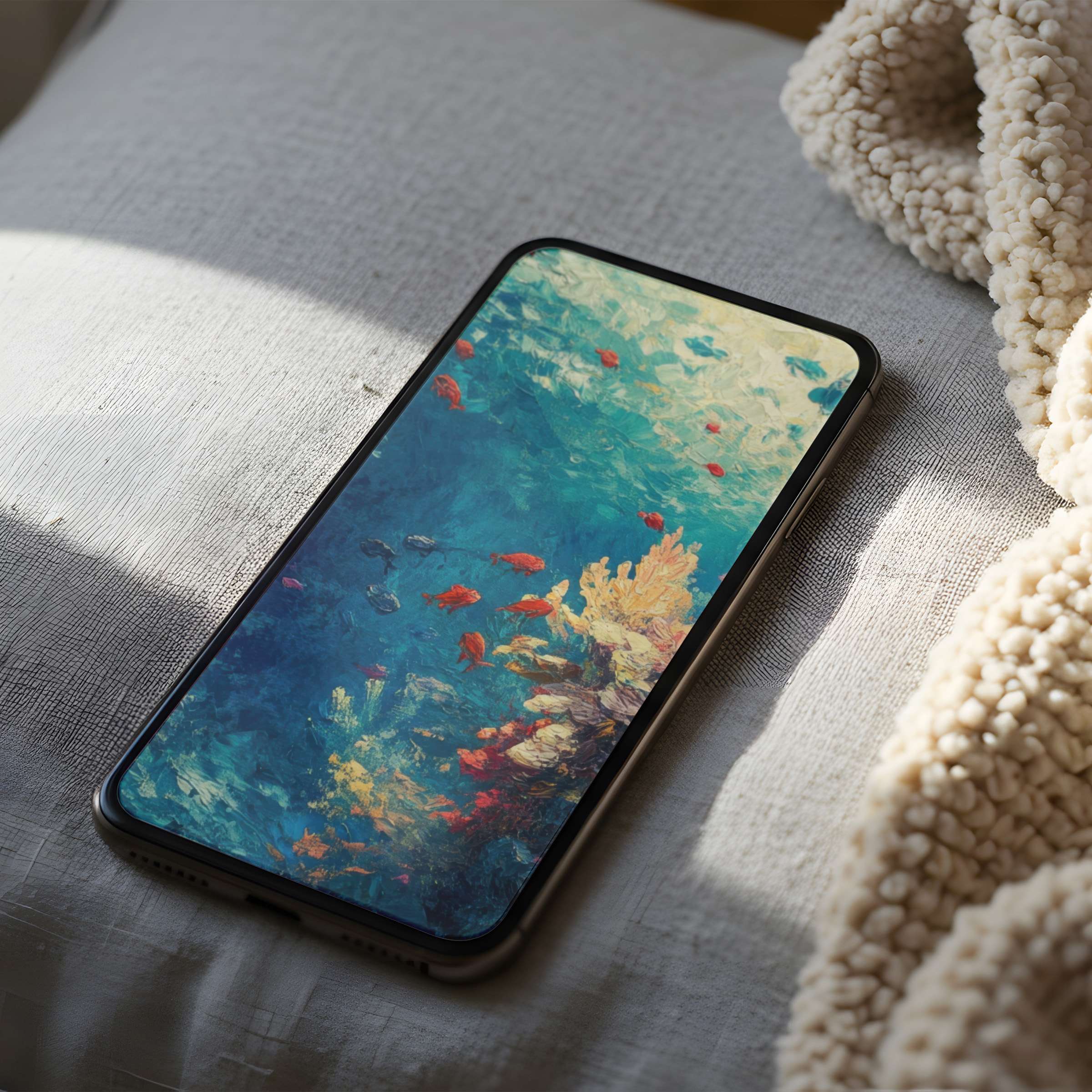 Elegant phone wallpaper featuring abstract oceanic art in vibrant blues and corals offers a serene digital download for iPhone or android