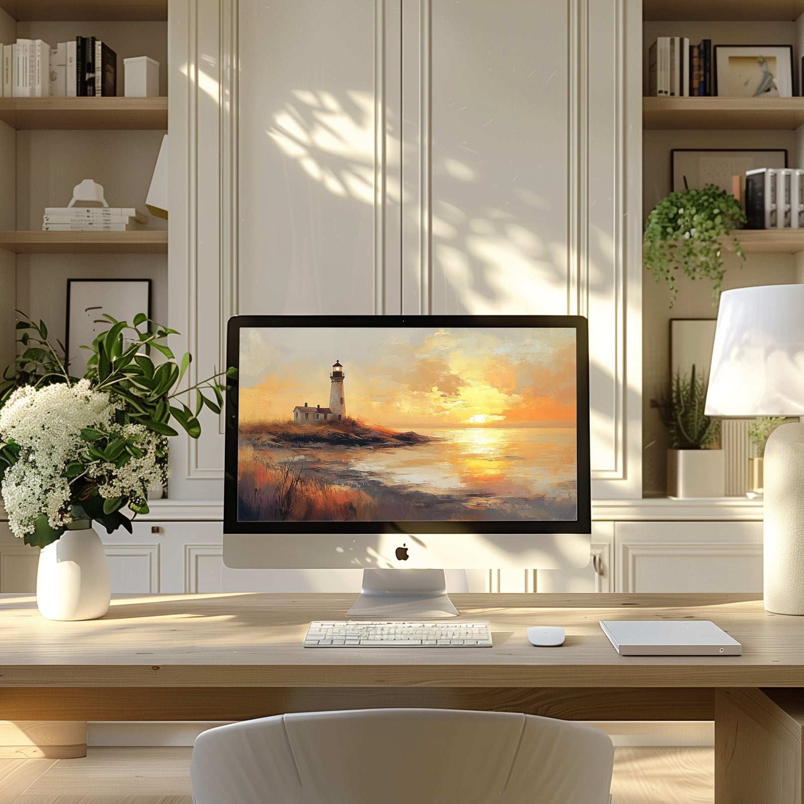 Coastal computer background featuring a warm sunset over the ocean with a lighthouse on a rocky shore, displayed on an iMac in a bright modern home office - soothing coastal digital art by Gallery Flair designed to bring light and calm to your workspace