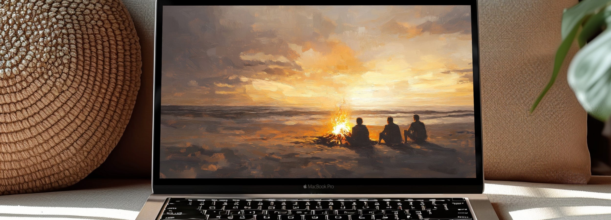 Coastal desktop wallpaper with a serene sunset over the ocean and three people sitting by a beach bonfire, displayed on a MacBook Pro in a cozy modern living room - calming digital art by Gallery Flair
