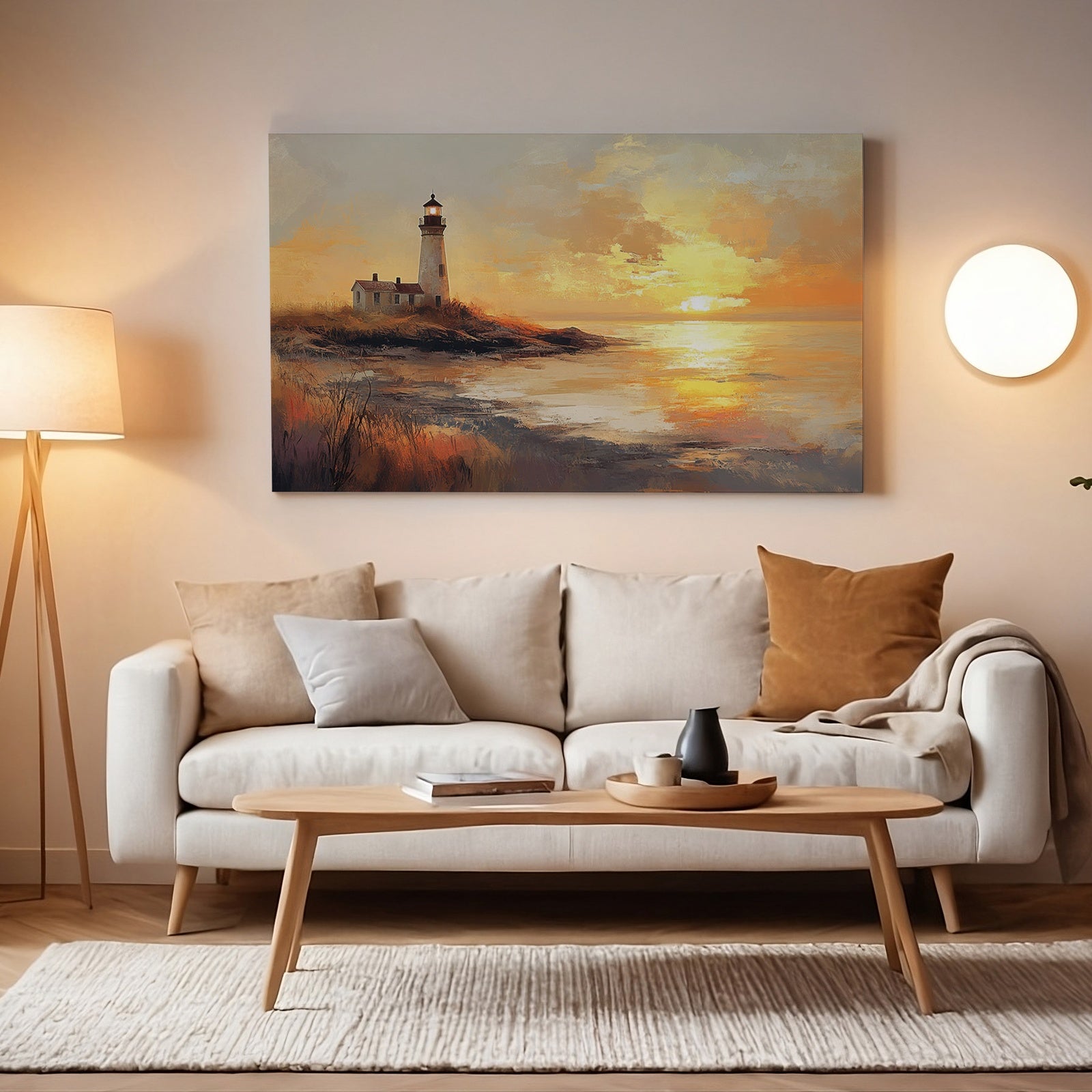 Cozy modern living room with warm lighting, featuring a coastal lighthouse art print in golden sunset tones above a beige sofa with neutral pillows and a wooden coffee table