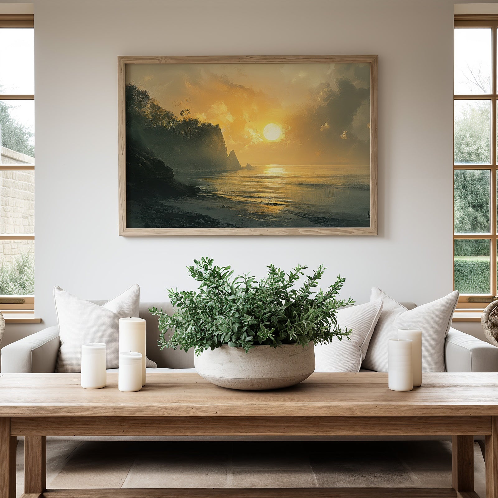 Coastal printable wall art featuring a serene sunset over a misty shoreline with soft golden light reflecting on the water, displayed in a bright modern living room with neutral decor and natural wood accents