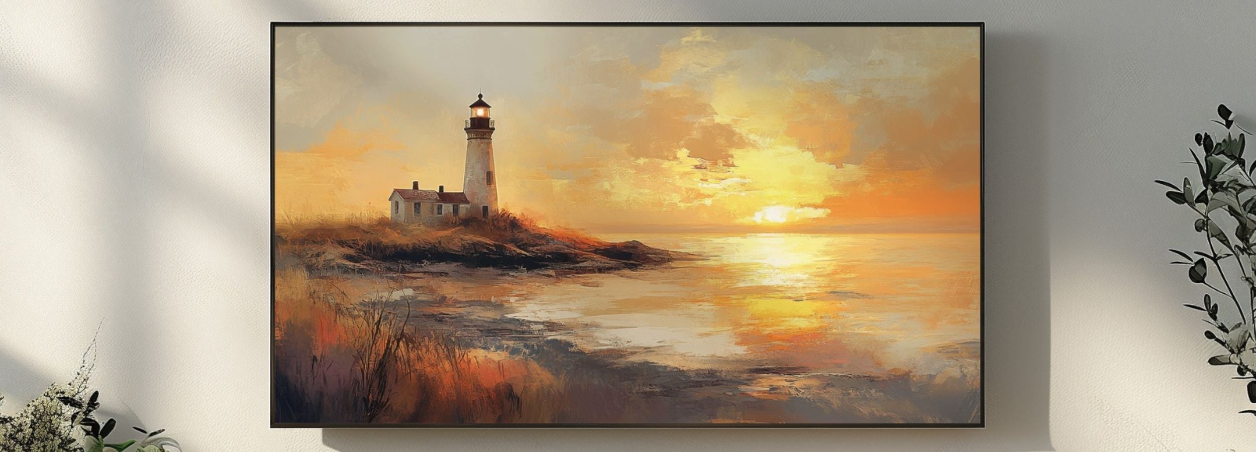 Coastal lighthouse digital painting at golden sunset, warm ocean horizon and textured brushstrokes for modern Samsung Frame TV decor
