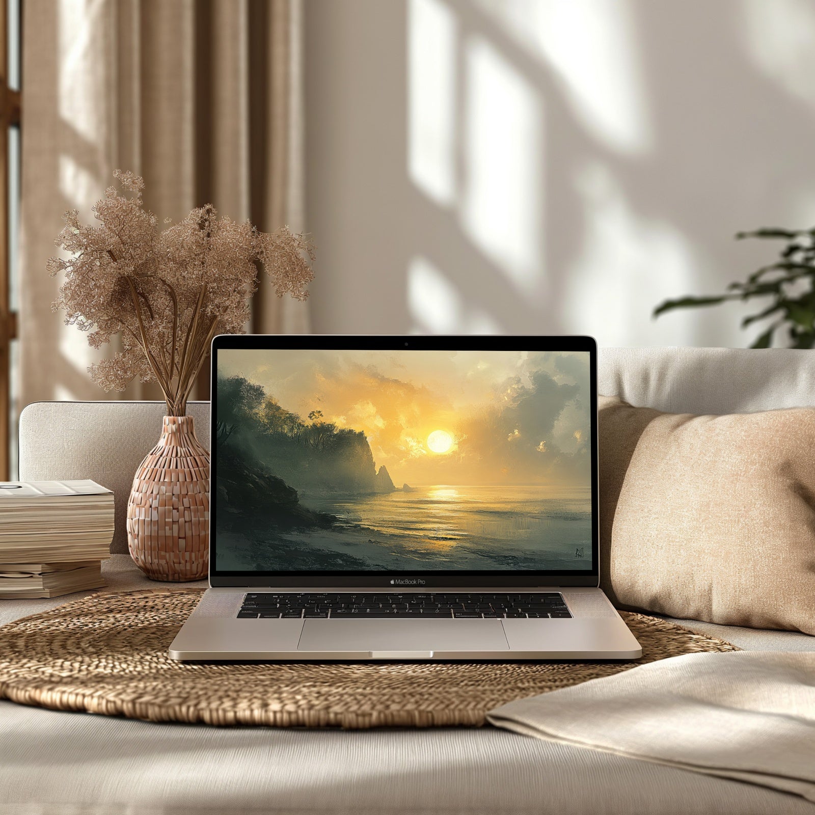 Coastal wallpaper for Mac featuring a tranquil golden sunset over the sea with gentle waves and distant cliffs, displayed on a MacBook Pro in a warm, cozy living space - calming coastal digital art by Gallery Flair that brings serenity to your desktop