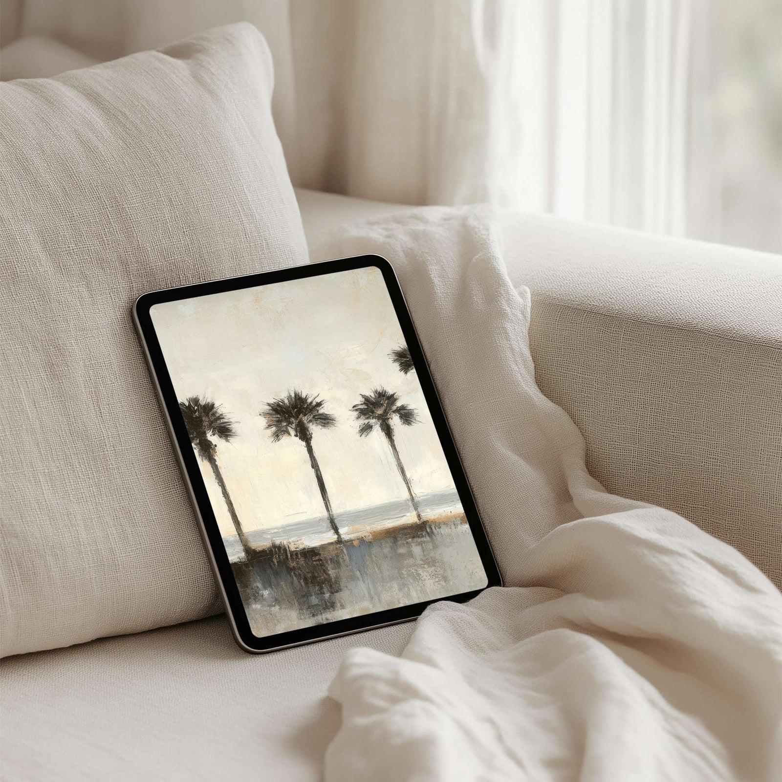 coastal palm tree iPad wallpaper with soft neutral tones, elegant digital background for modern homes and beach-inspired interiors