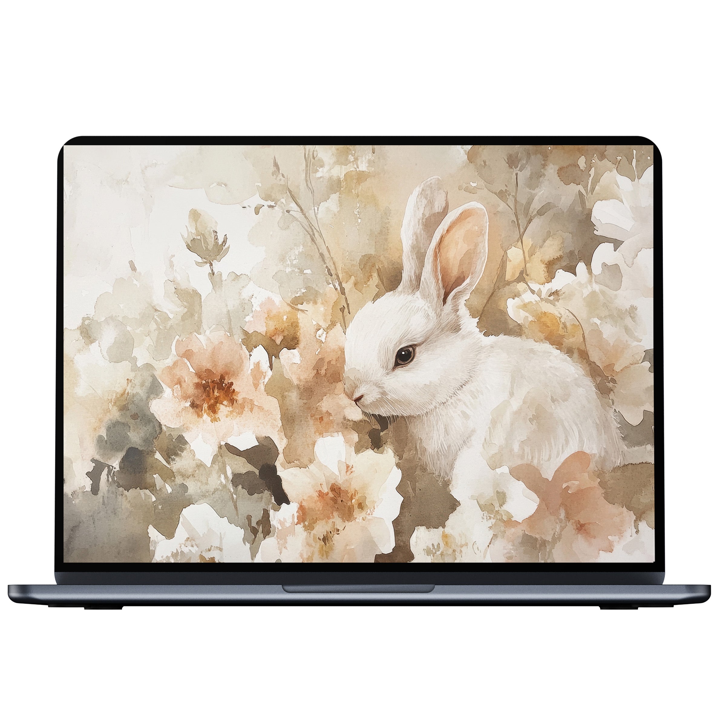 Easter desktop wallpaper with a serene white rabbit amidst soft floral watercolor ideal for digital download on PC or laptop