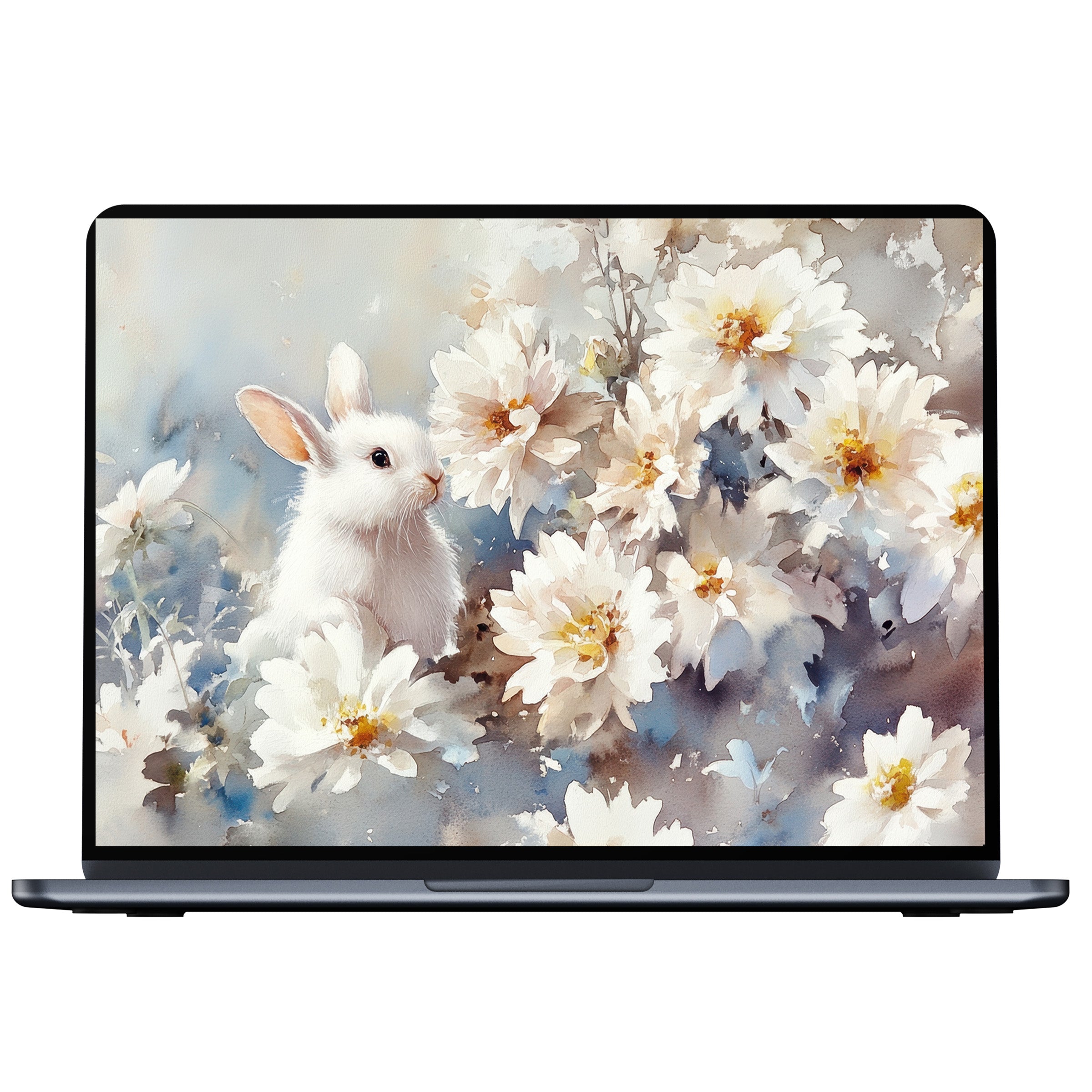 Easter desktop wallpaper featuring a serene watercolor rabbit among white blossoms perfect digital download for PC and laptop backgrounds
