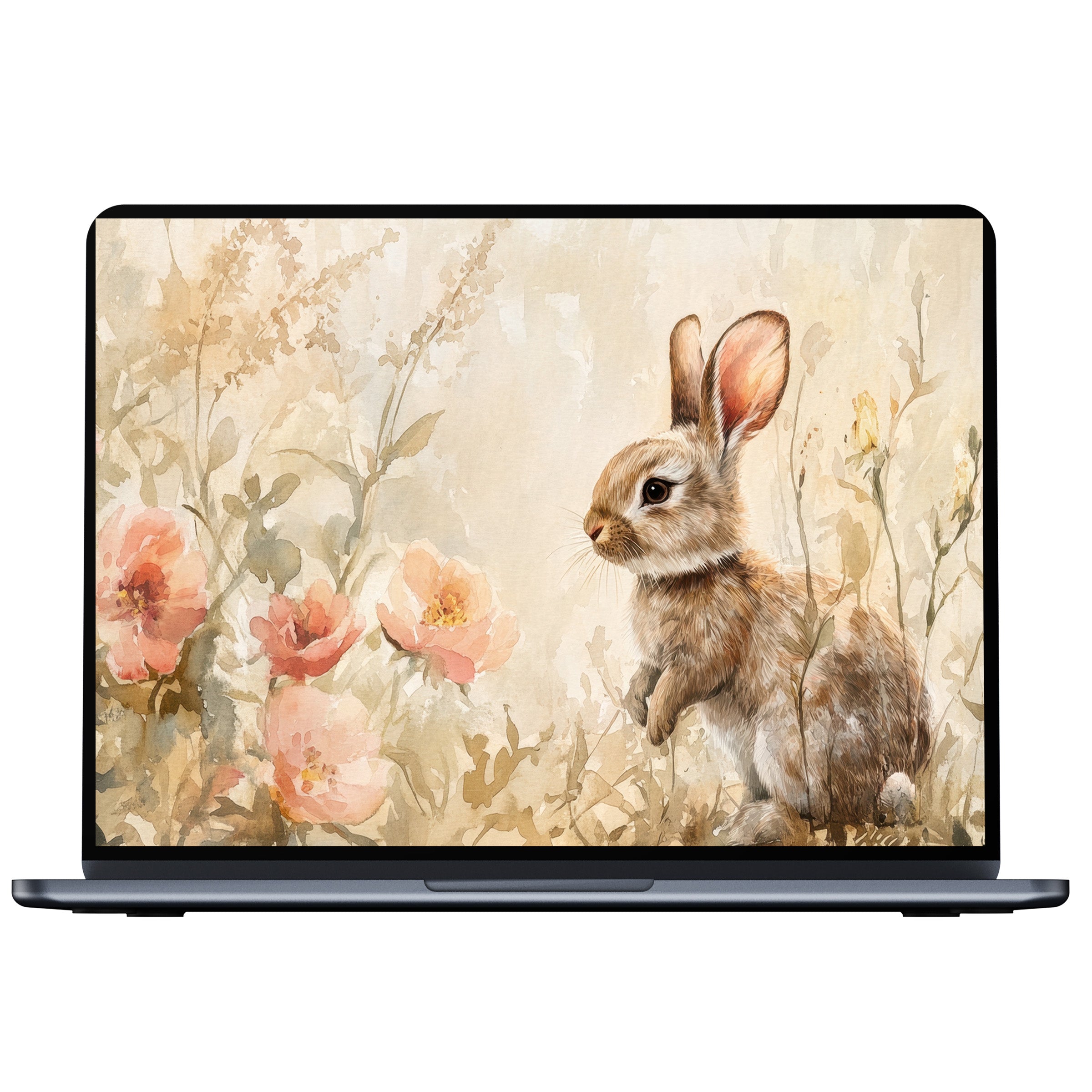 Charming Easter desktop wallpaper with a serene watercolor bunny and flowers, perfect digital download for PC, laptop, or Mac users