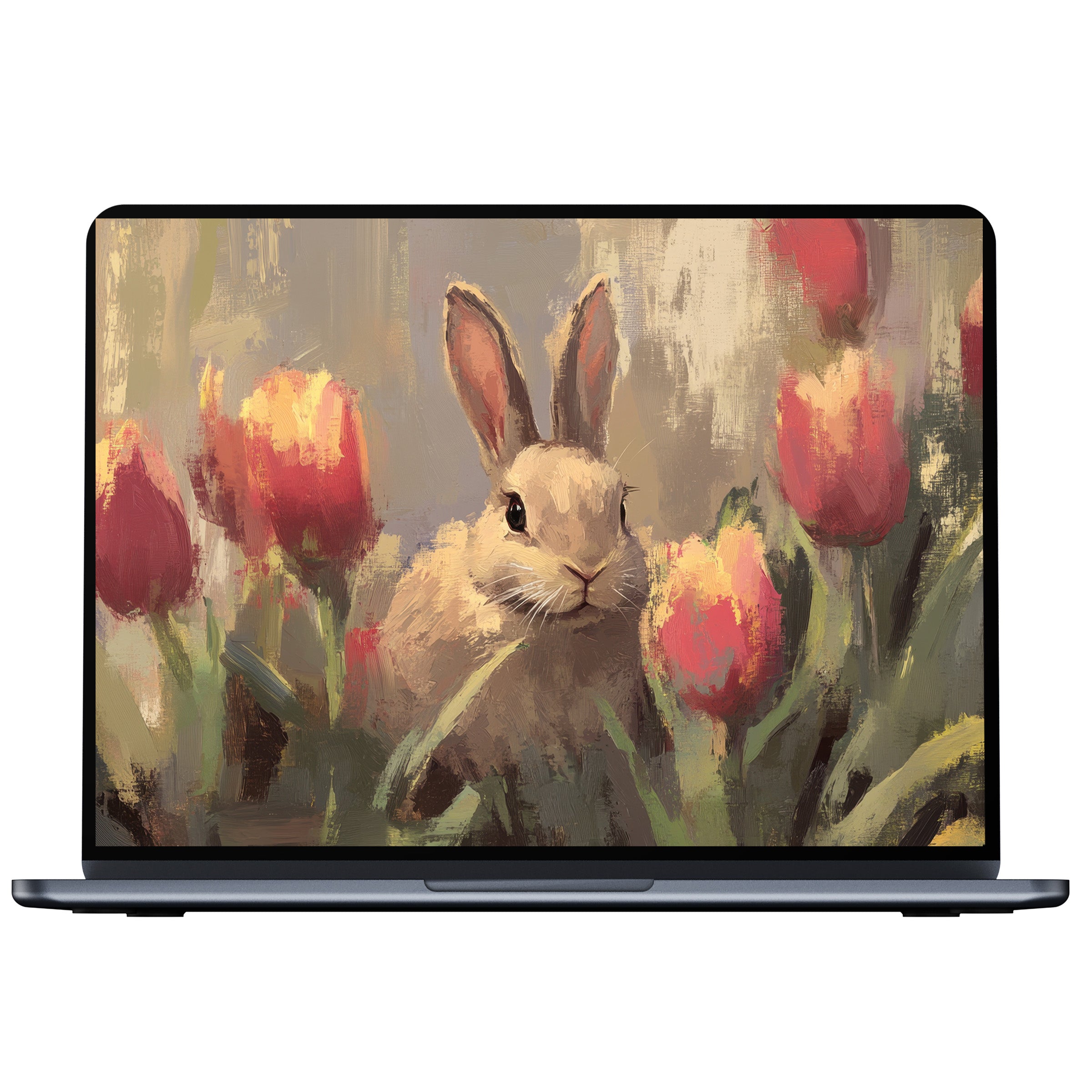 Easter desktop wallpaper featuring a serene rabbit among tulips in a digital download perfect for PC, laptop, or Mac