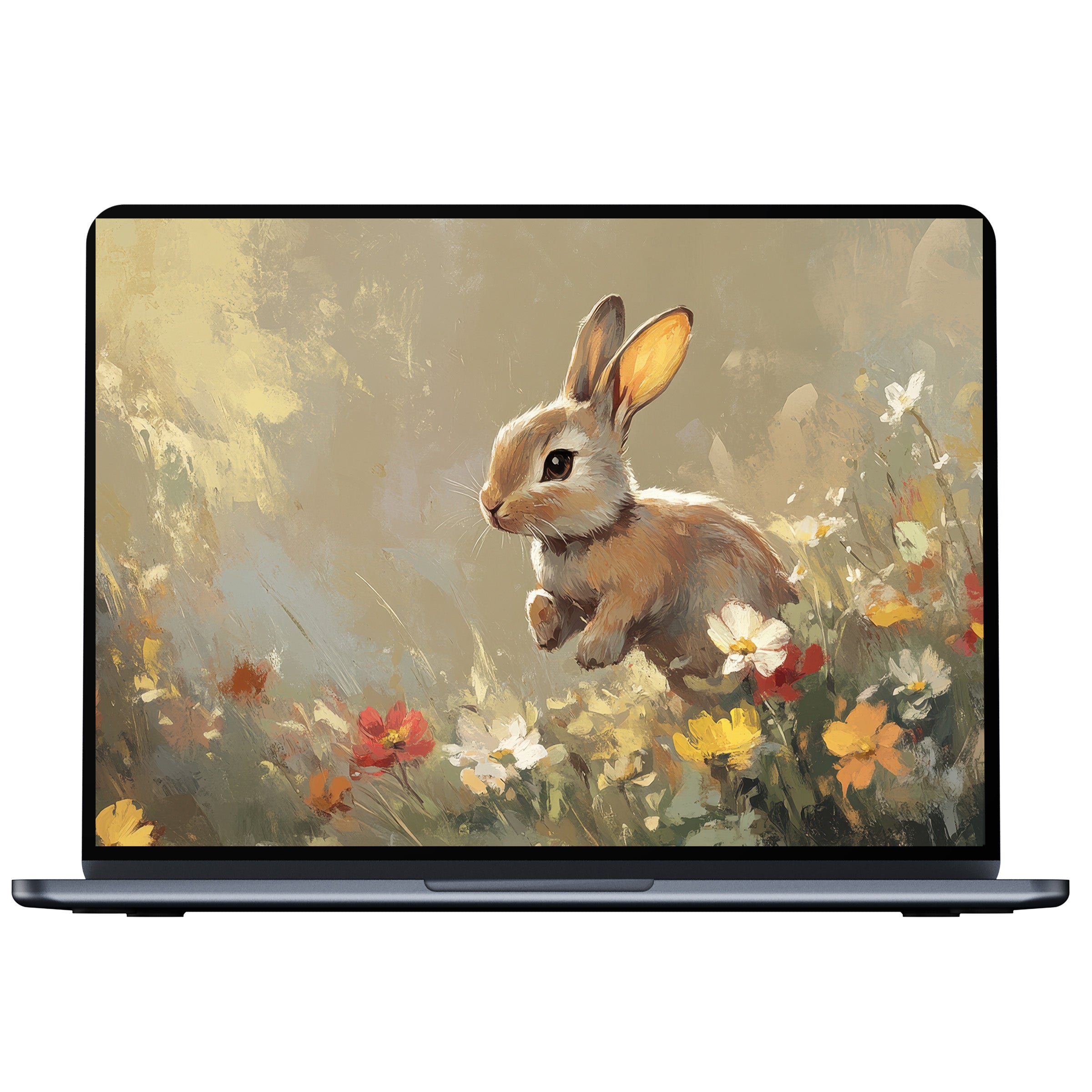 Charming Easter desktop wallpaper featuring a playful bunny in a floral field digital download for PC and laptop users