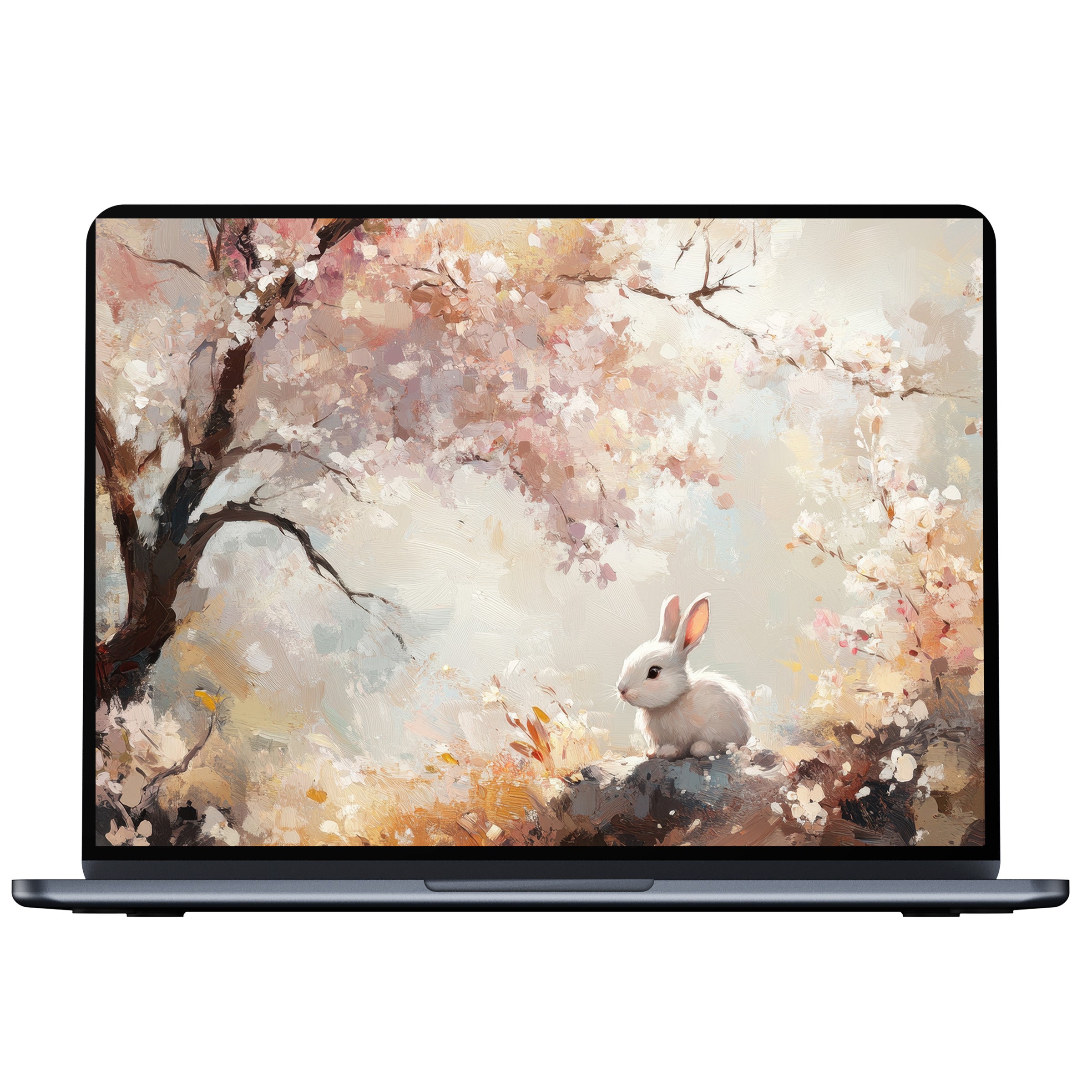 Easter desktop wallpaper featuring a serene white bunny amid vibrant pastel blossoms offers digital download for PC and laptop users