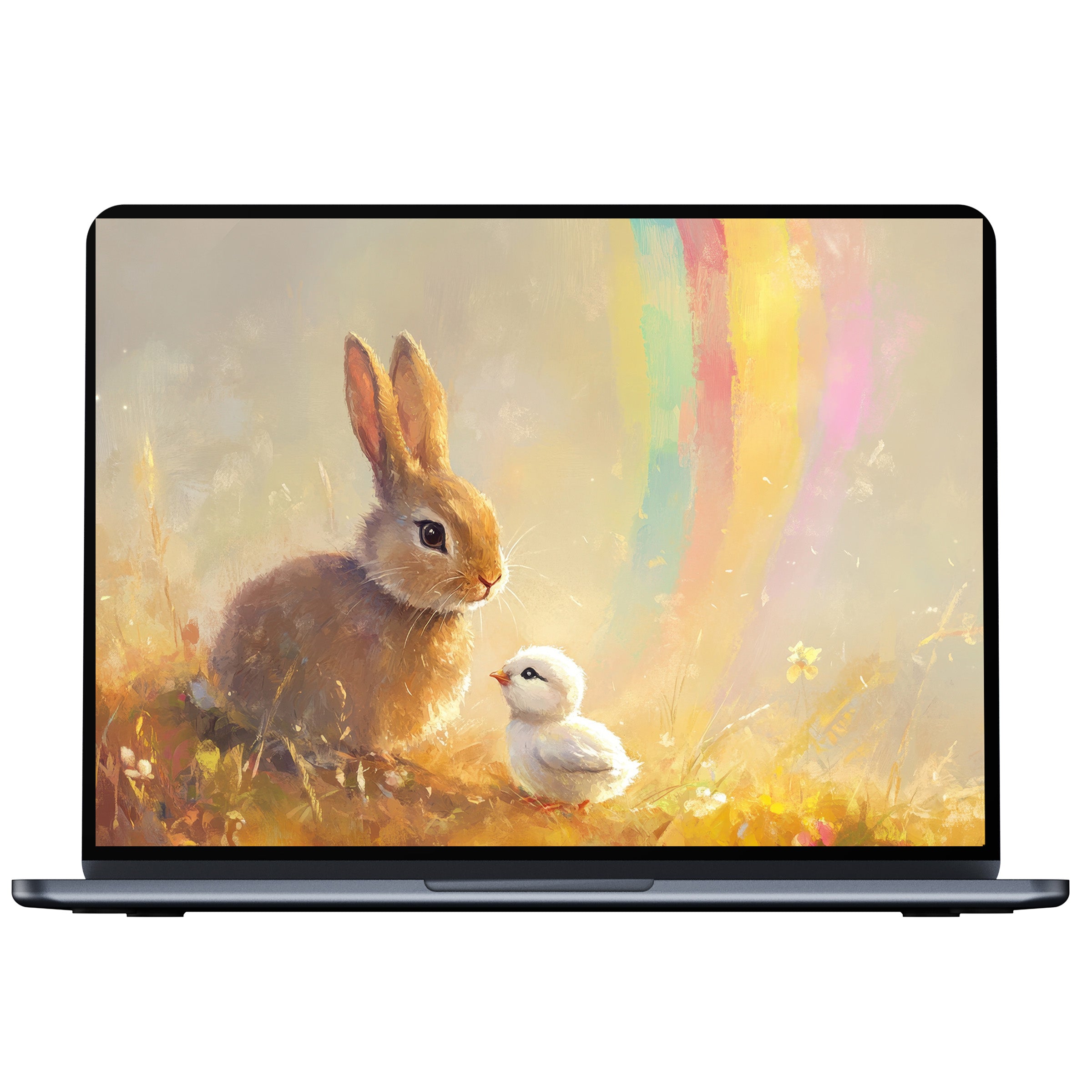 Easter desktop wallpaper with a gentle rabbit and chick in soft pastel tones evokes calm inspiration for PC or laptop digital download