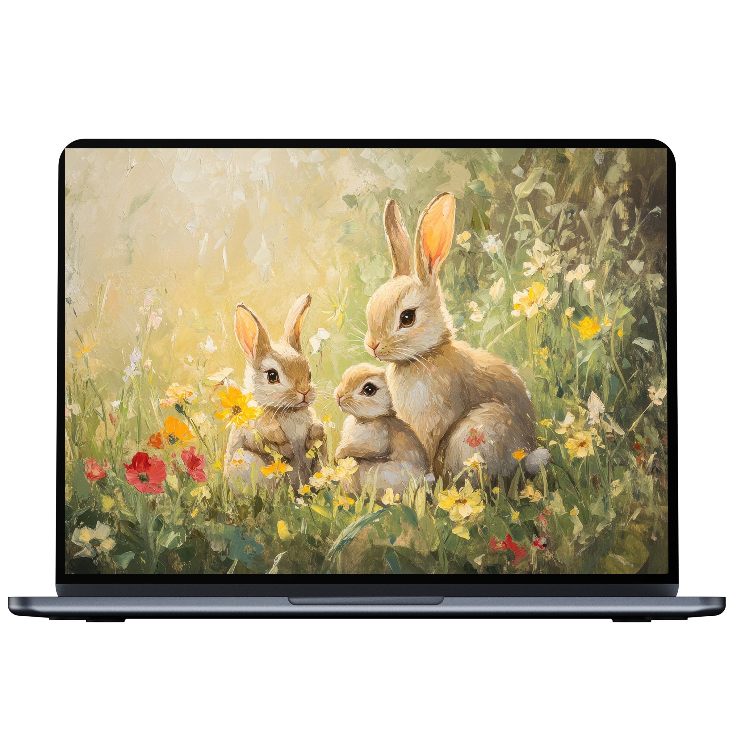 Easter desktop wallpaper featuring serene rabbits in a floral meadow artfully designed for PC and laptop digital download
