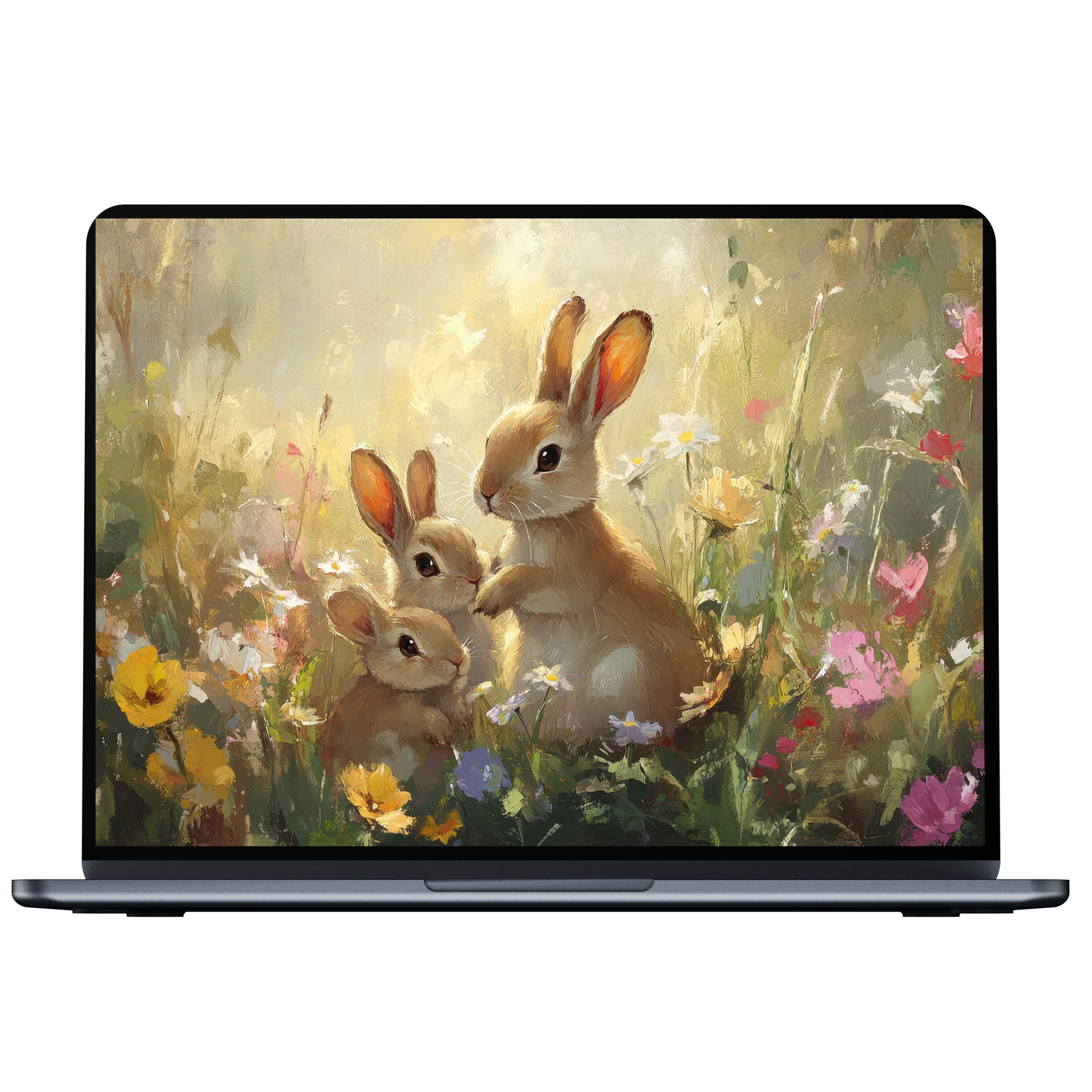 Easter desktop wallpaper with serene bunnies in floral meadow for PC and laptop digital download evokes calm and inspiration