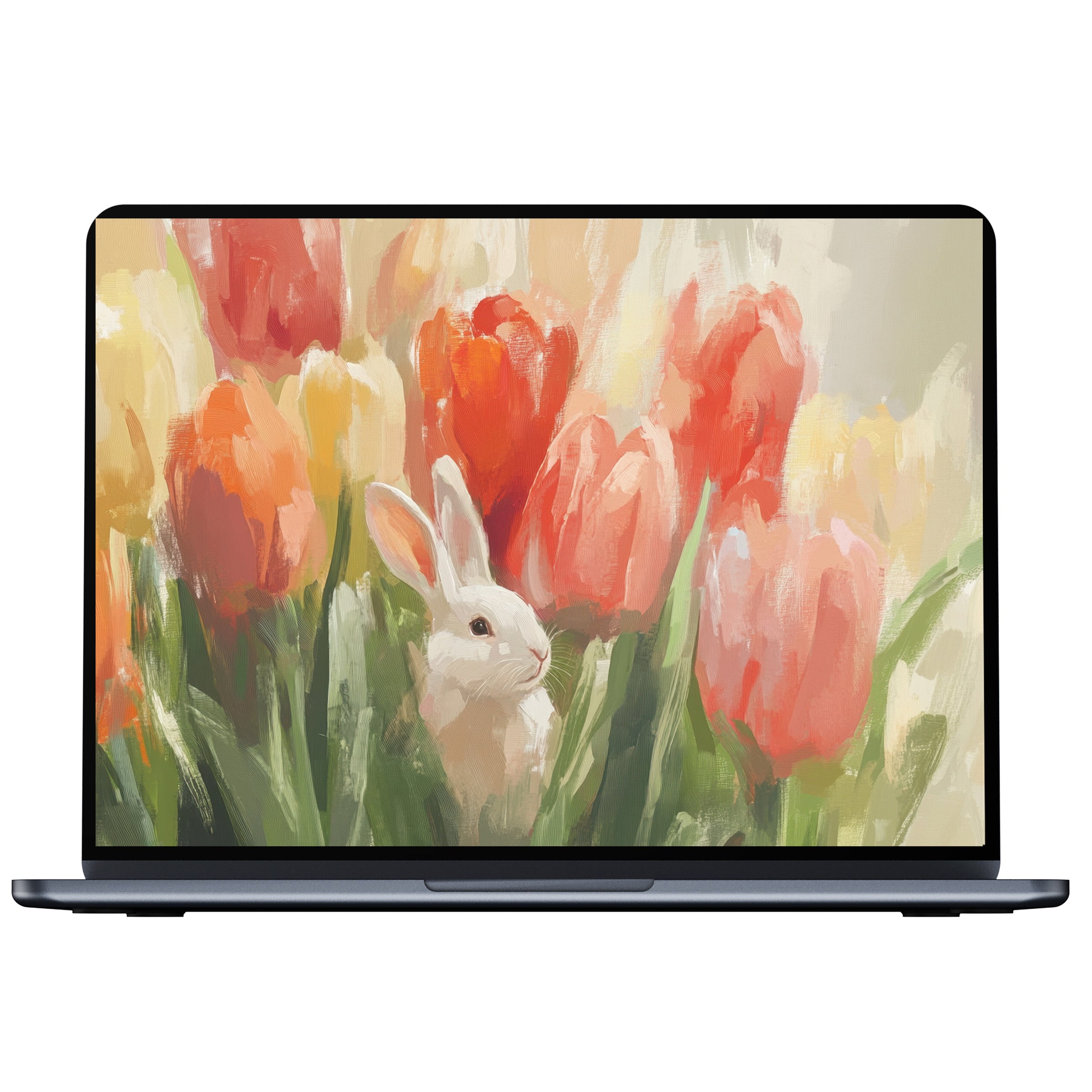 Elegant Easter desktop wallpaper featuring a serene rabbit among vibrant tulips, perfect digital download for PC and laptop mood enhancement