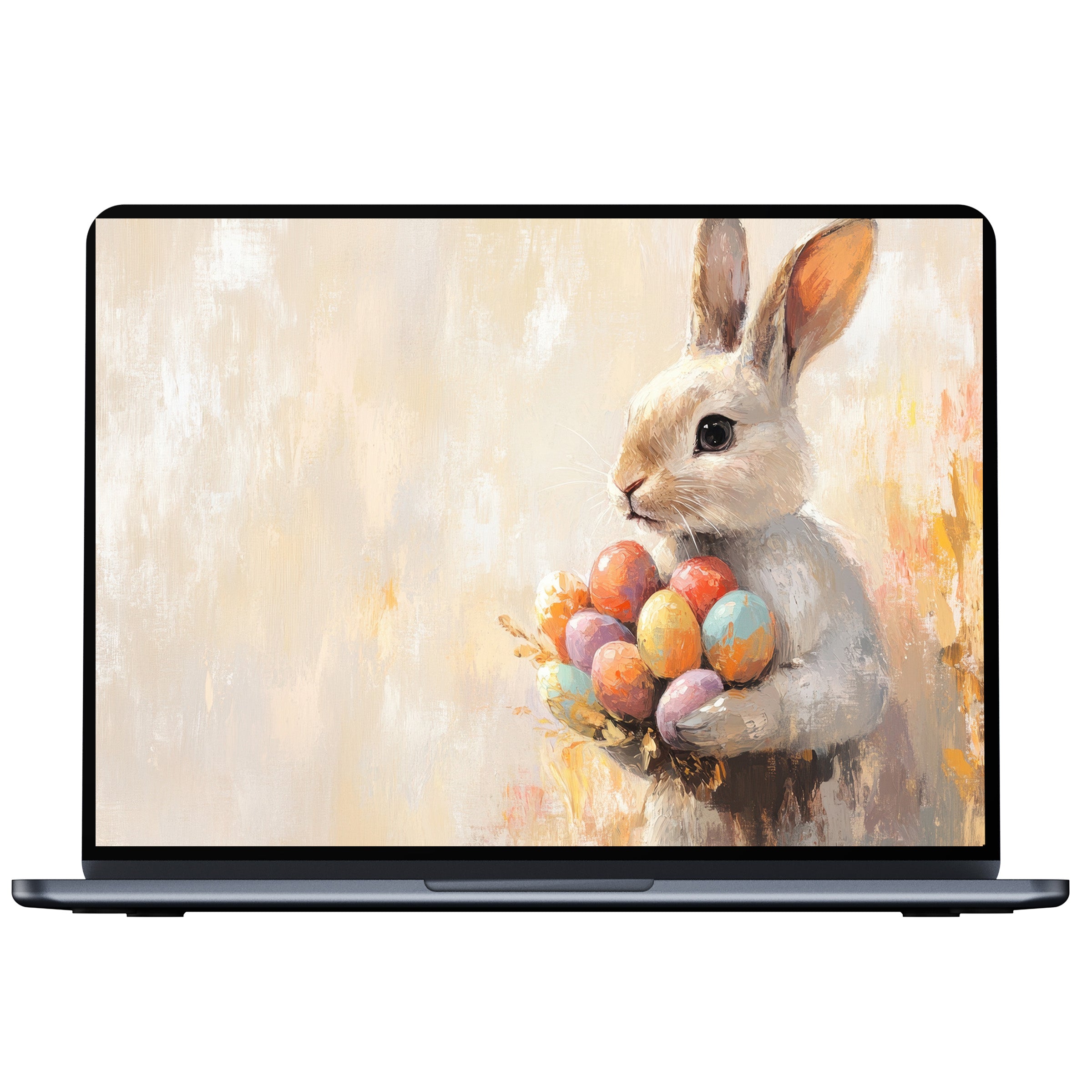 Easter desktop wallpaper digital download featuring an elegant rabbit holding colorful eggs perfect for PC or laptop adding calm inspiration