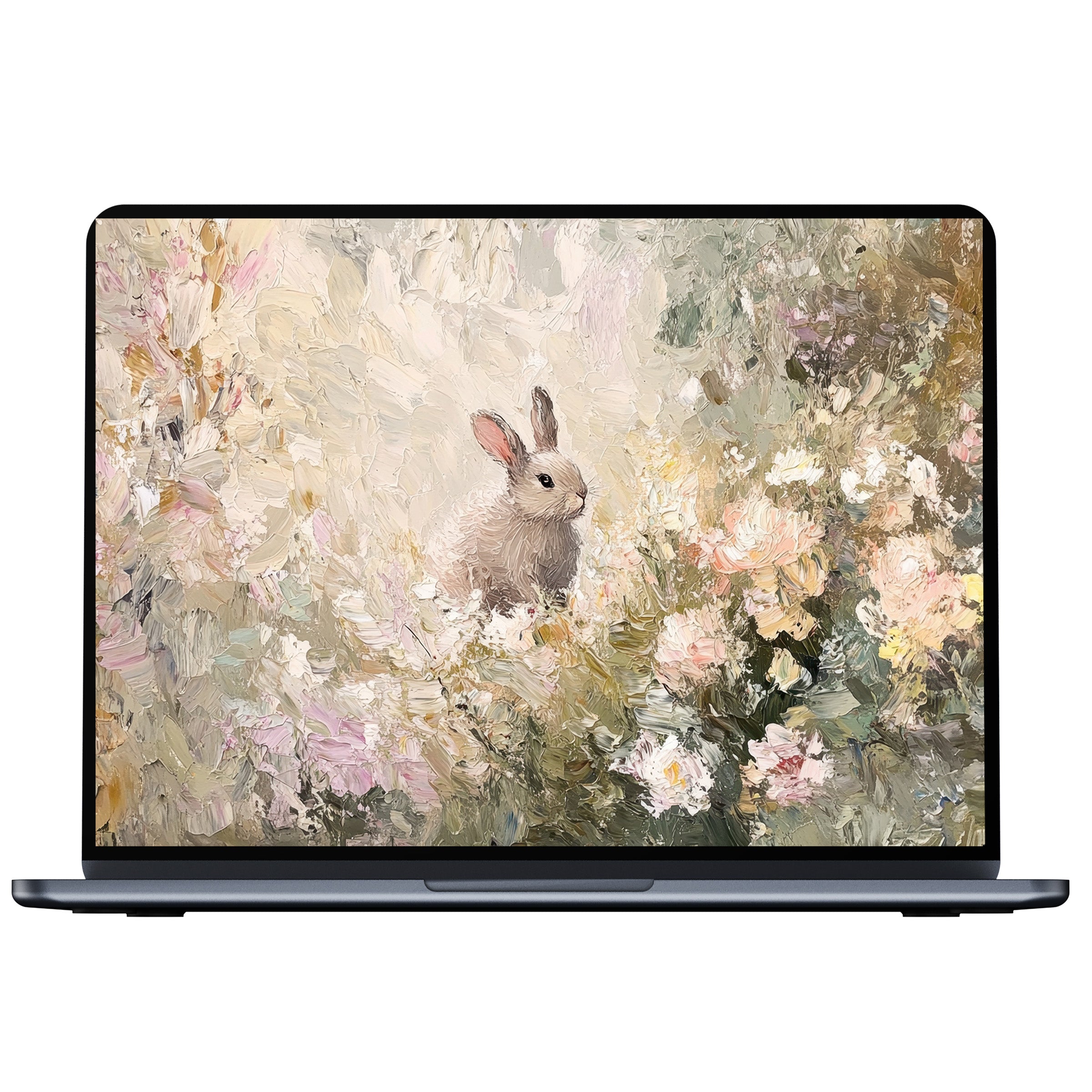 Easter desktop wallpaper for PC and laptop featuring a serene bunny in pastel florals offers a digital download for mindful elegance