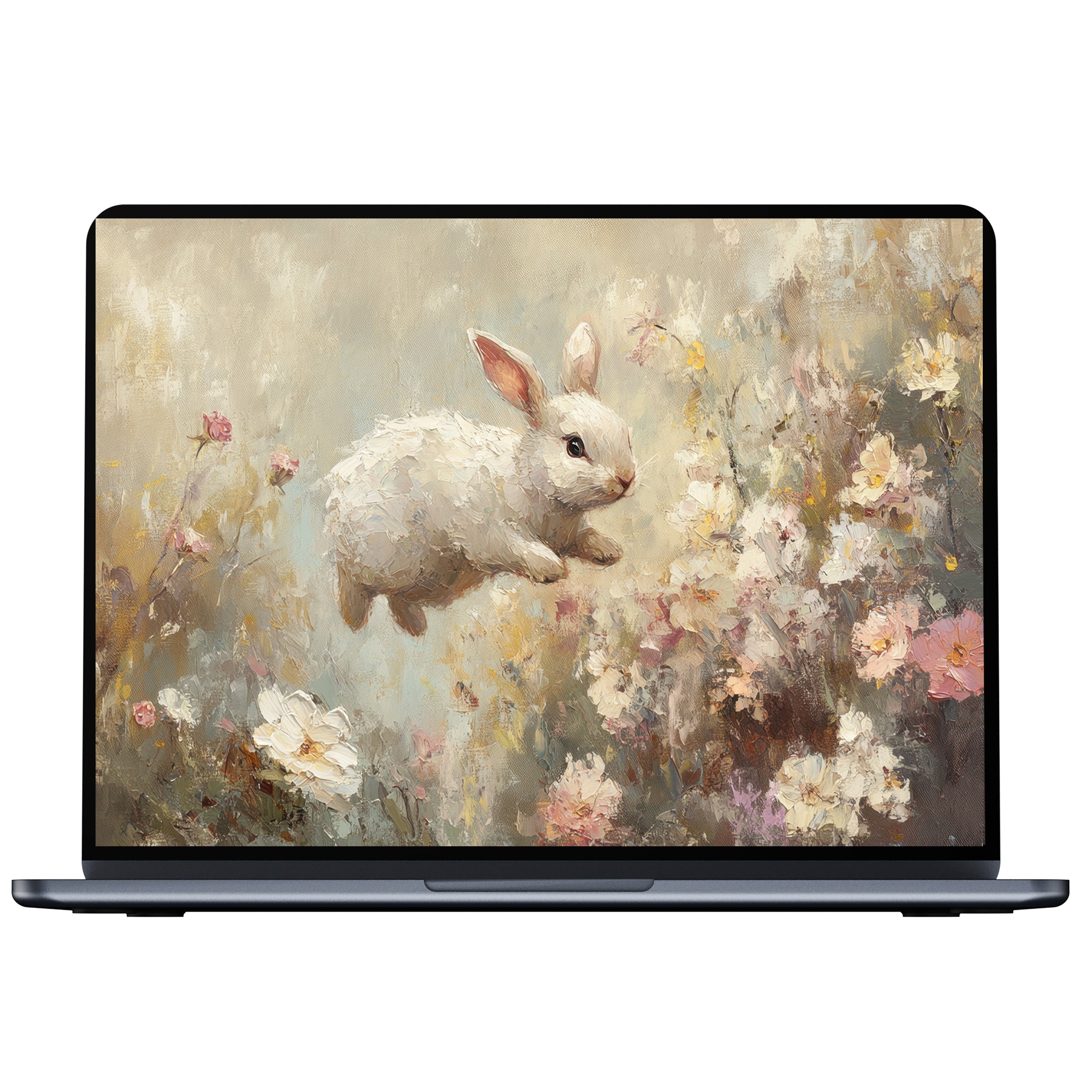 Easter desktop wallpaper featuring a serene white rabbit in blooming flowers, ideal for digital download on PC and laptop displays