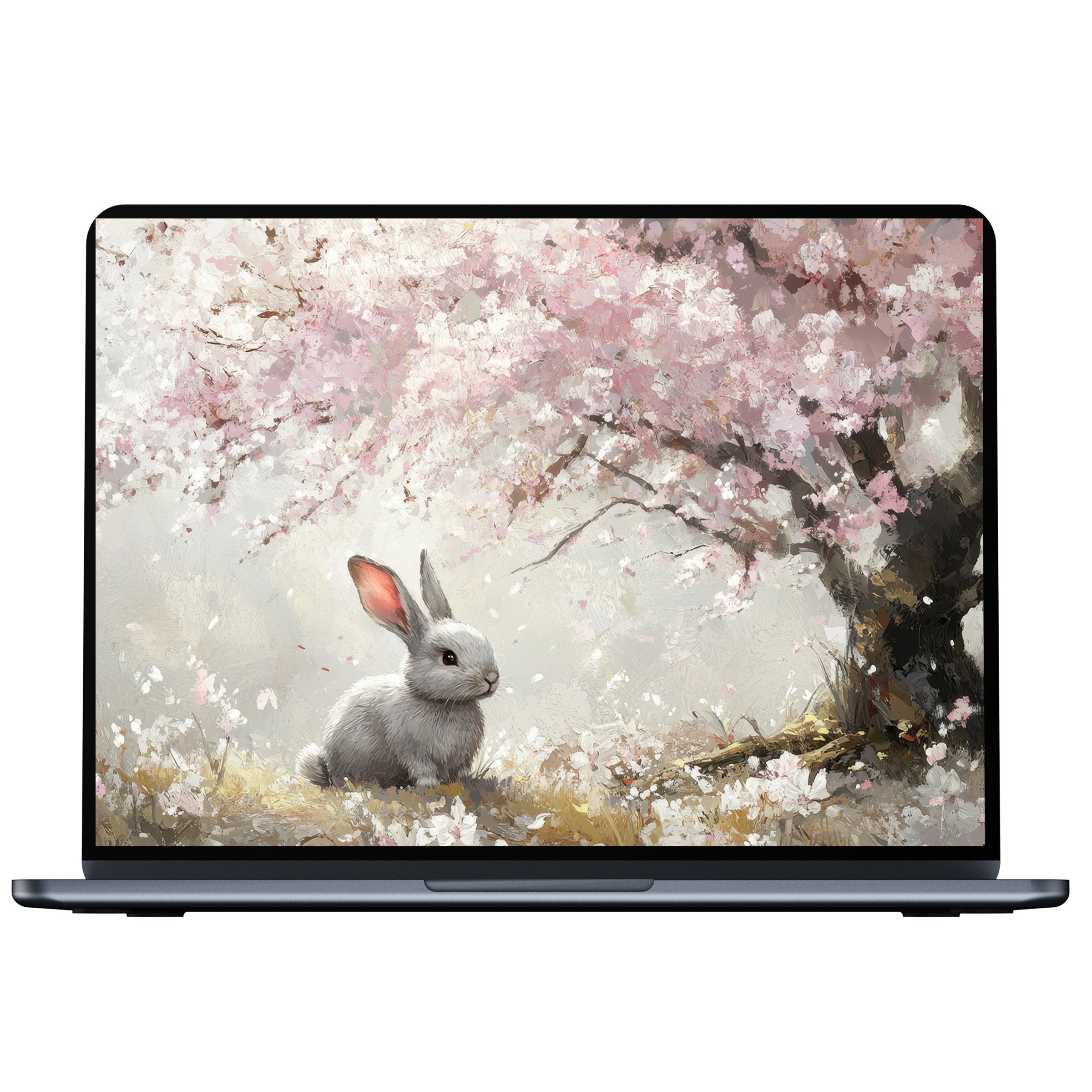 Easter desktop wallpaper featuring a serene bunny under cherry blossoms artistically crafted for elegant PCs and laptops digital download