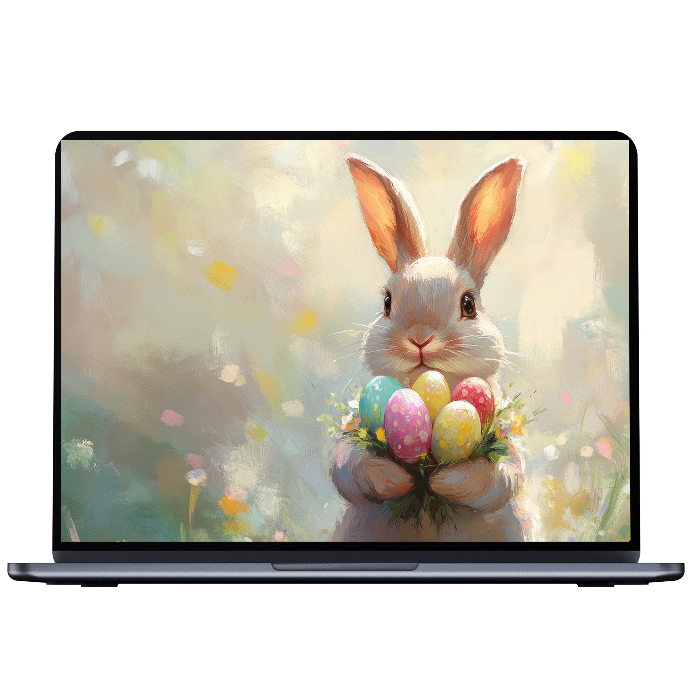 Easter desktop wallpaper featuring a serene bunny with colorful eggs for PC or laptop digital download evokes elegance and calm