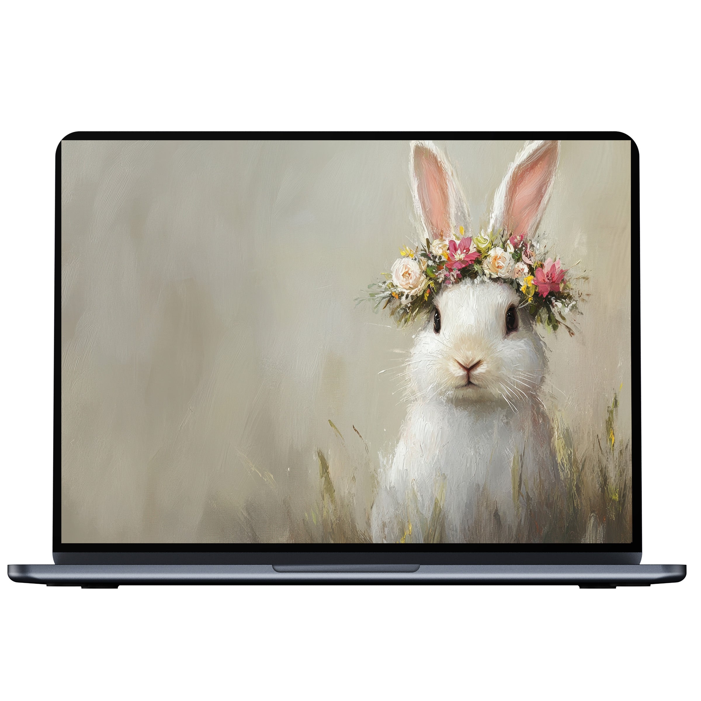Easter desktop wallpaper featuring a serene bunny in floral wreath digital download for elegant PC and laptop displays