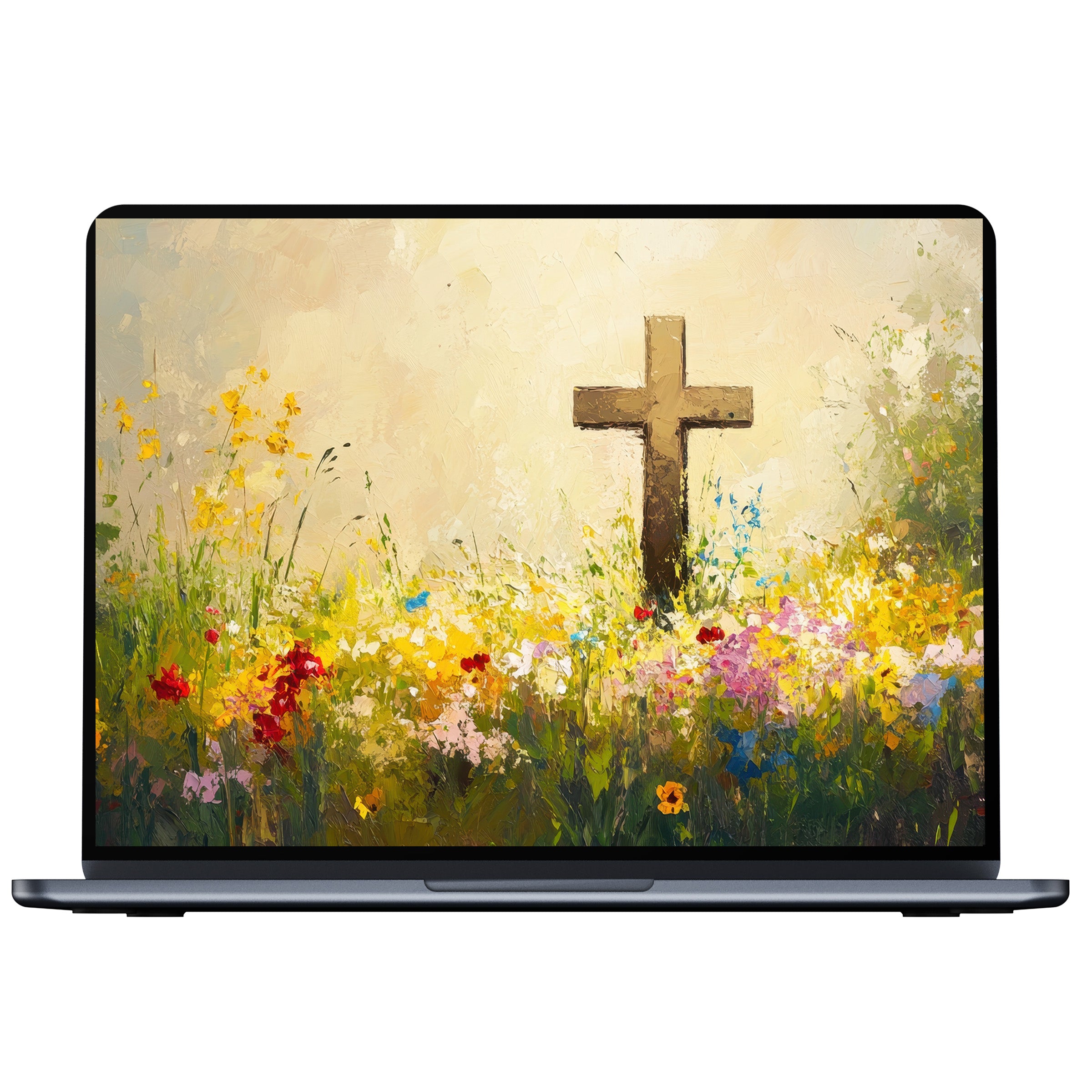 Easter desktop wallpaper featuring a serene floral meadow with a cross, ideal digital download for PC, laptop, or Mac, evokes calm