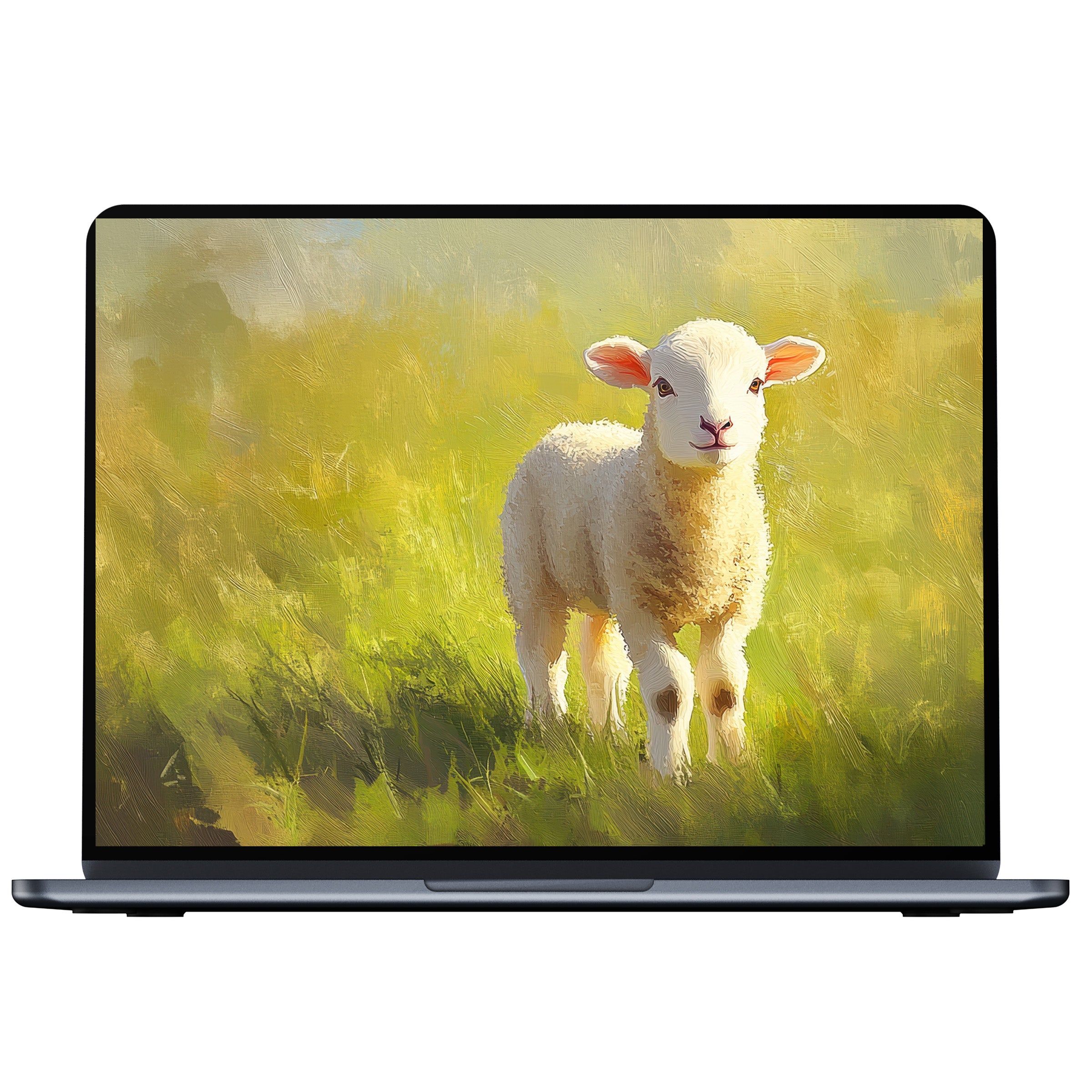 Easter desktop wallpaper featuring a serene lamb on a lush green field, perfect digital download for PC and laptop tranquility