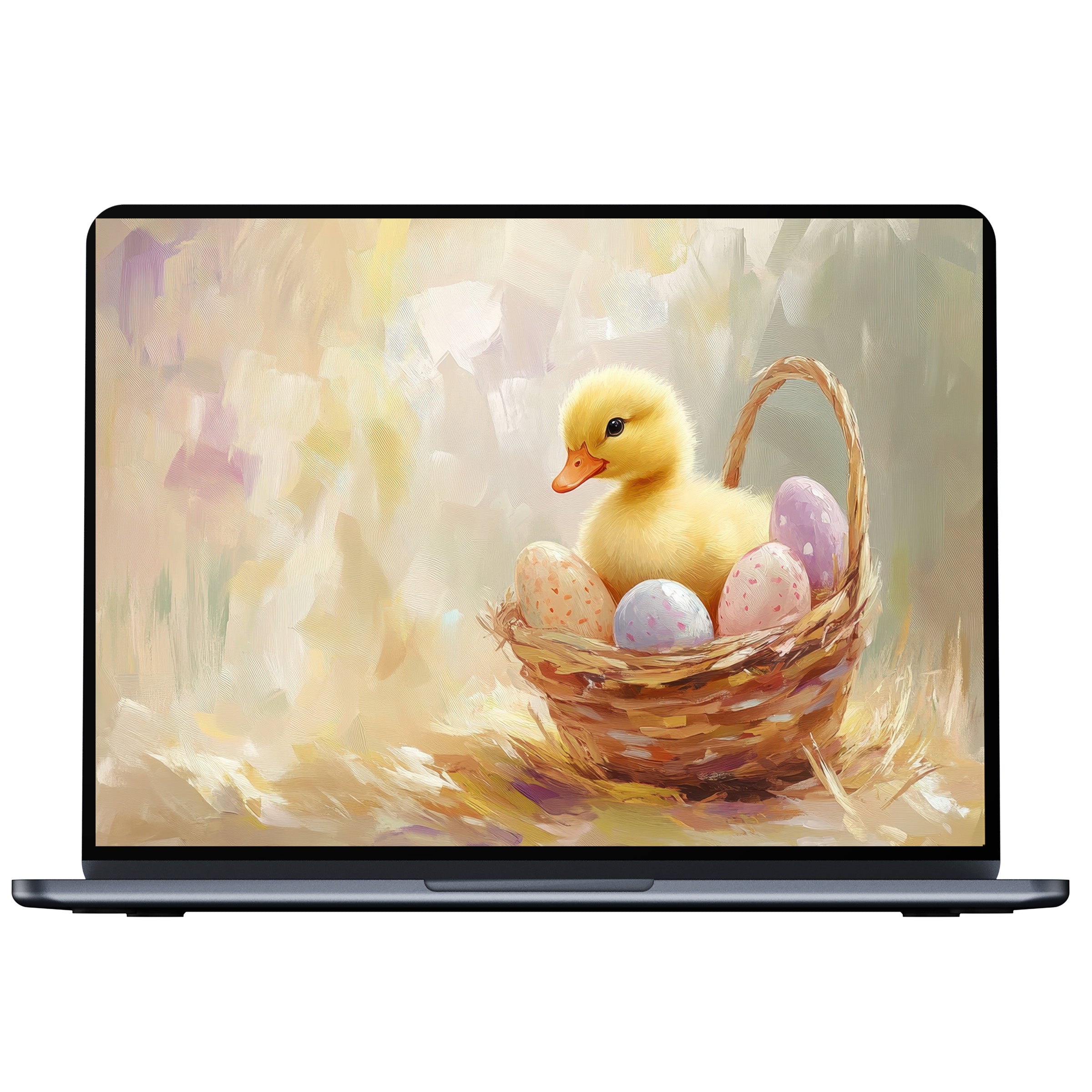 Easter desktop wallpaper featuring a pastel art duckling in a basket with eggs for PC, laptop digital download and decor
