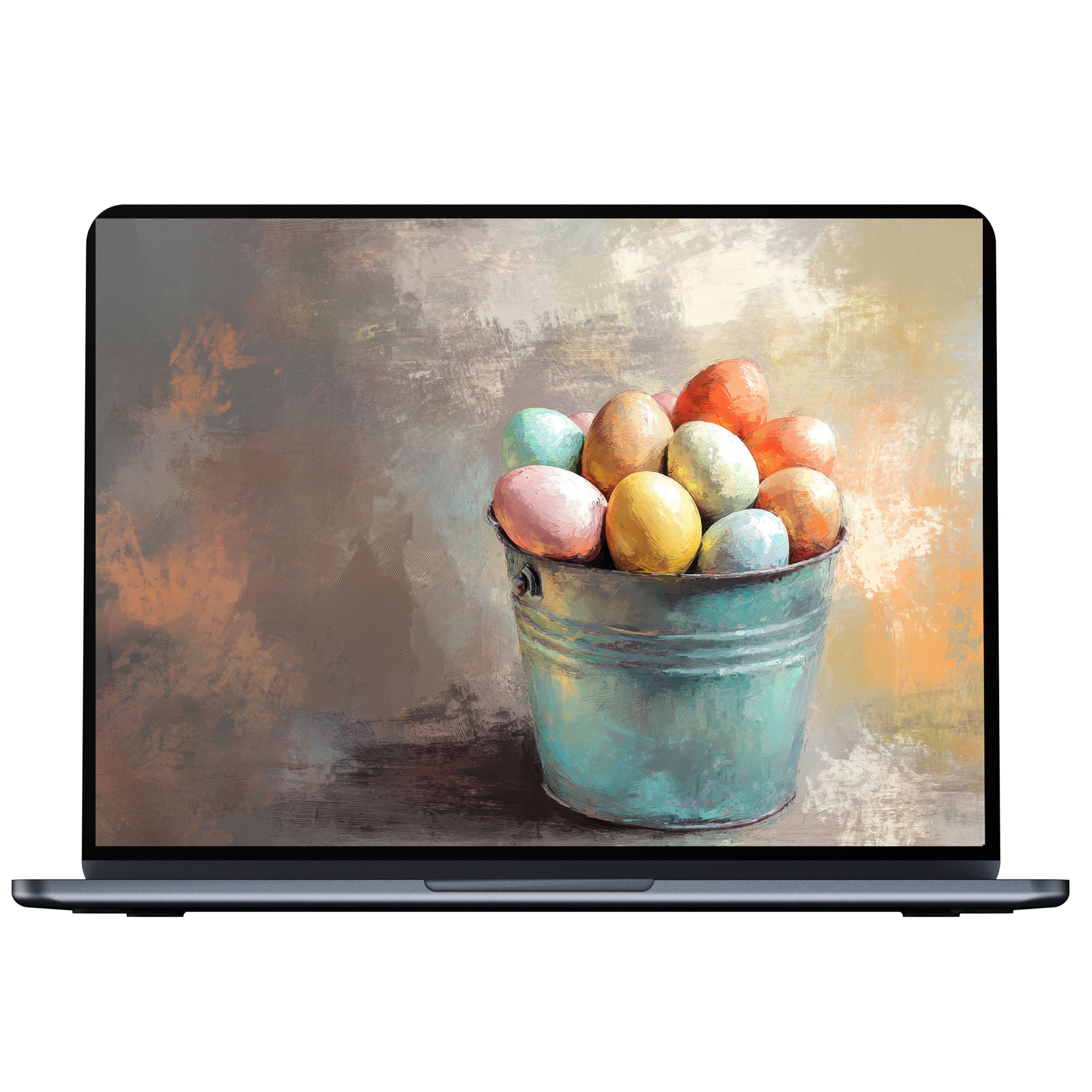 Easter desktop wallpaper with pastel eggs in a rustic bucket creates a calm, inspiring scene for PC, laptop, and Mac digital download