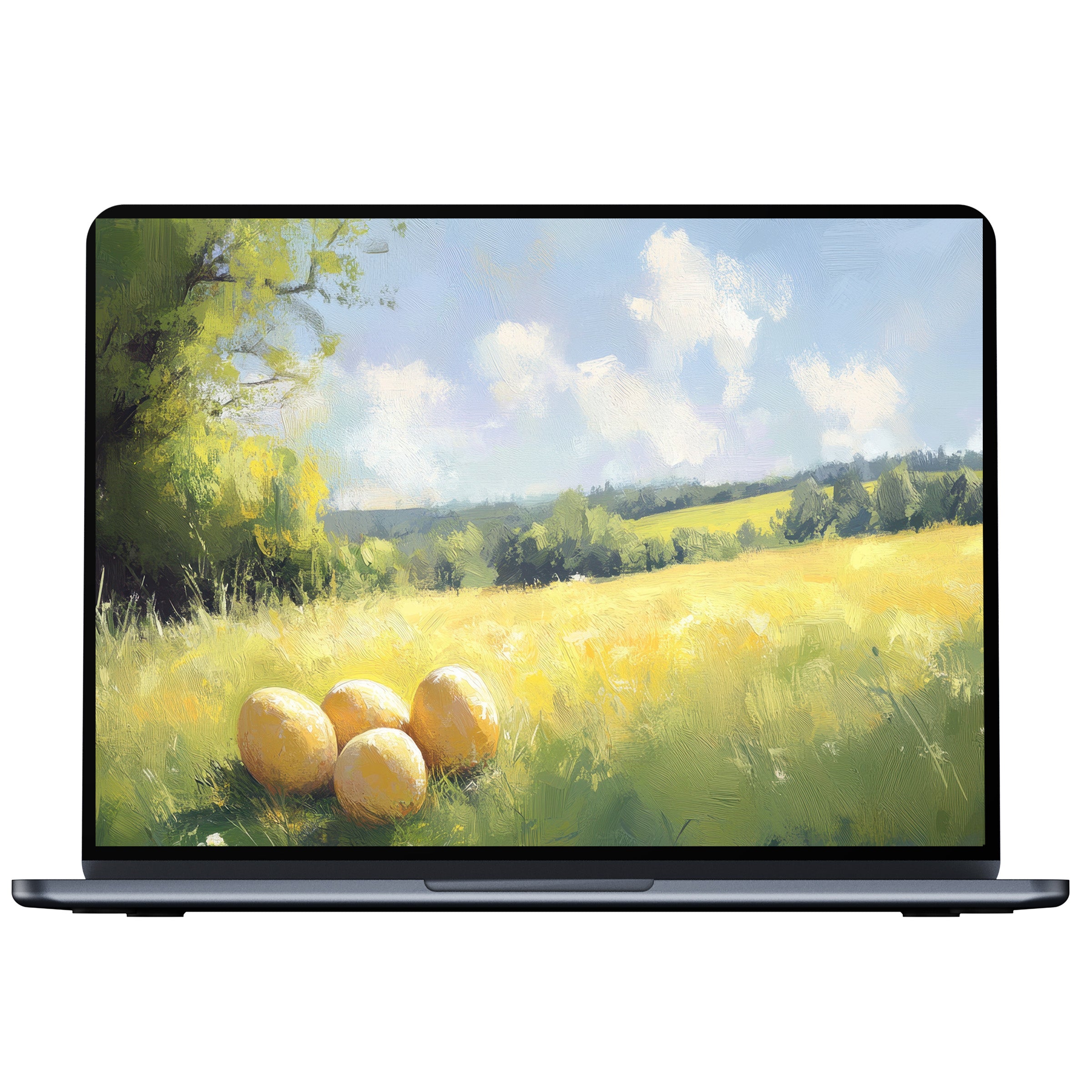 Easter desktop wallpaper digital download with serene golden eggs in a sunlit meadow painting offering elegance for PC and laptop users