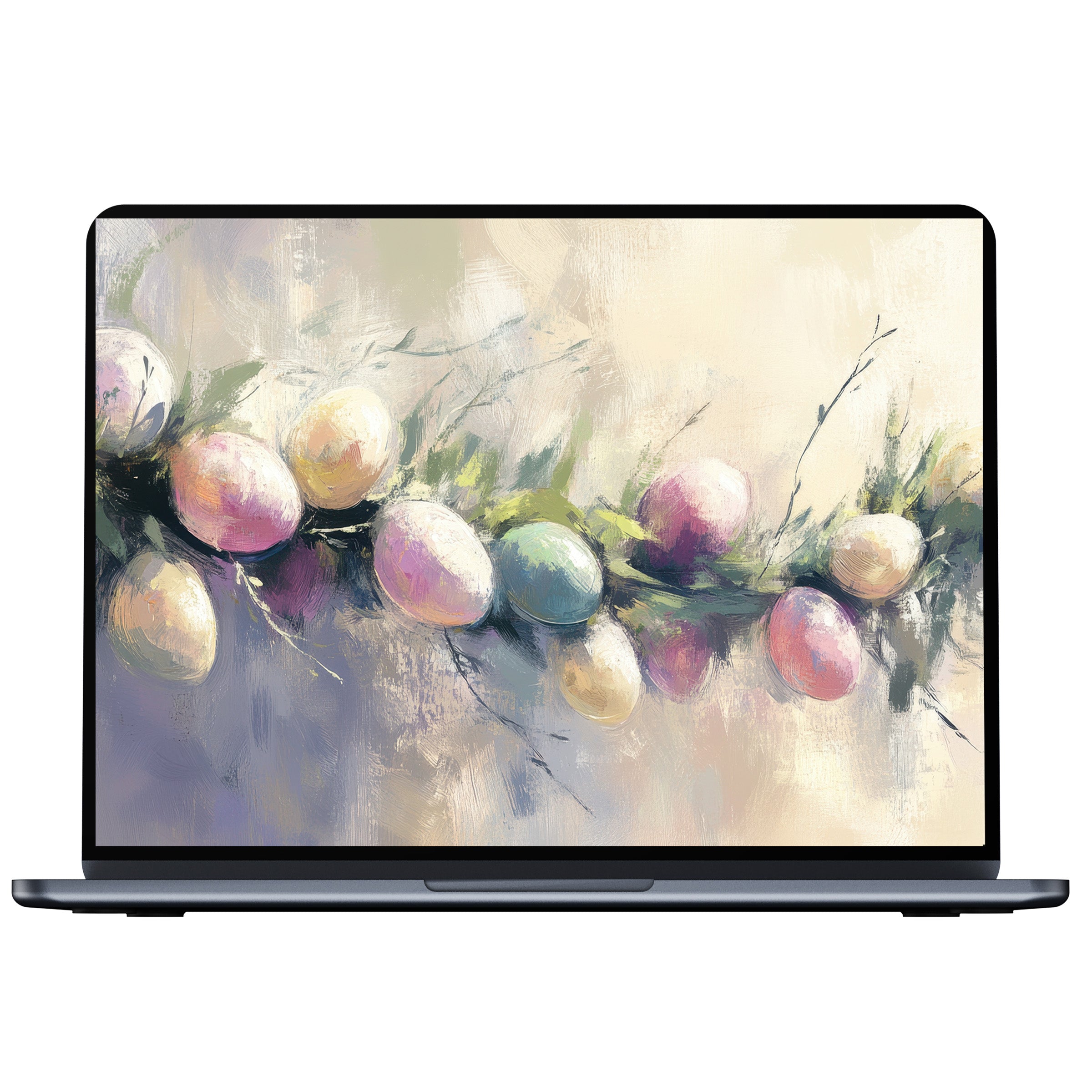 Easter desktop wallpaper digital download featuring pastel eggs in a painterly style, perfect for PC, laptop, and Mac screens