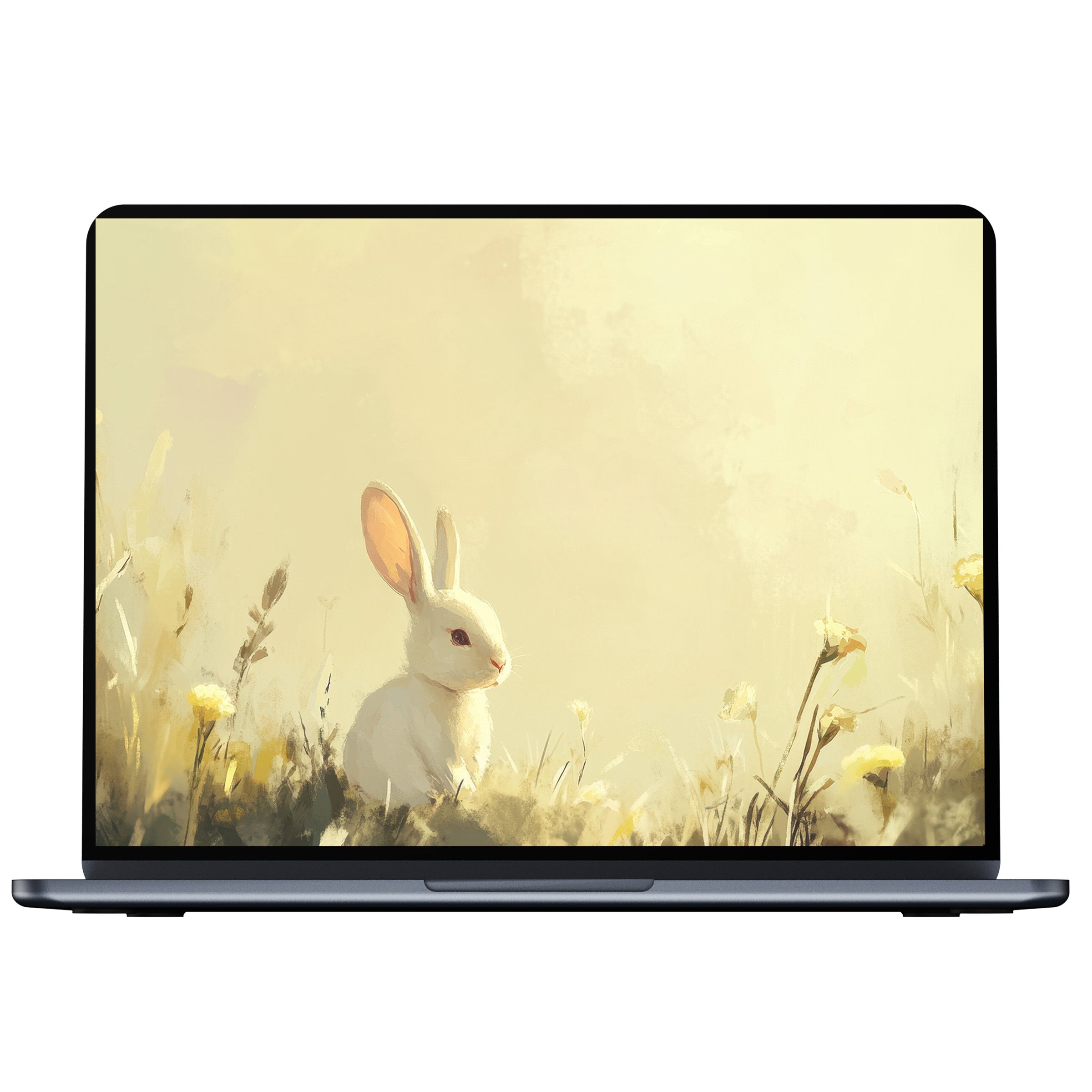Easter desktop wallpaper with serene white rabbit in soft pastel field offers calm inspiration for PC, laptop, digital download