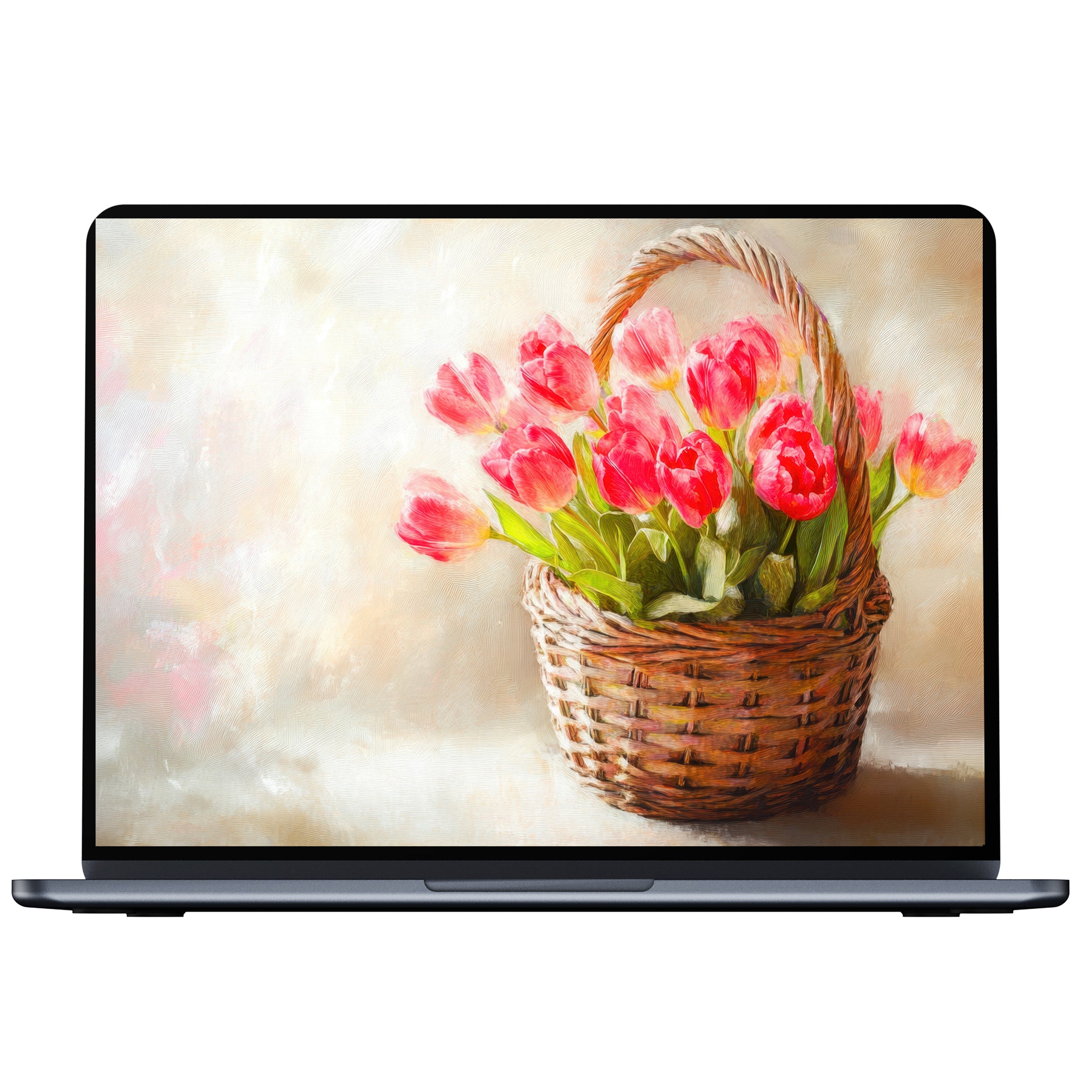Vibrant Easter desktop wallpaper featuring painted tulips in a wicker basket offers calm elegance for PC laptop Mac digital download