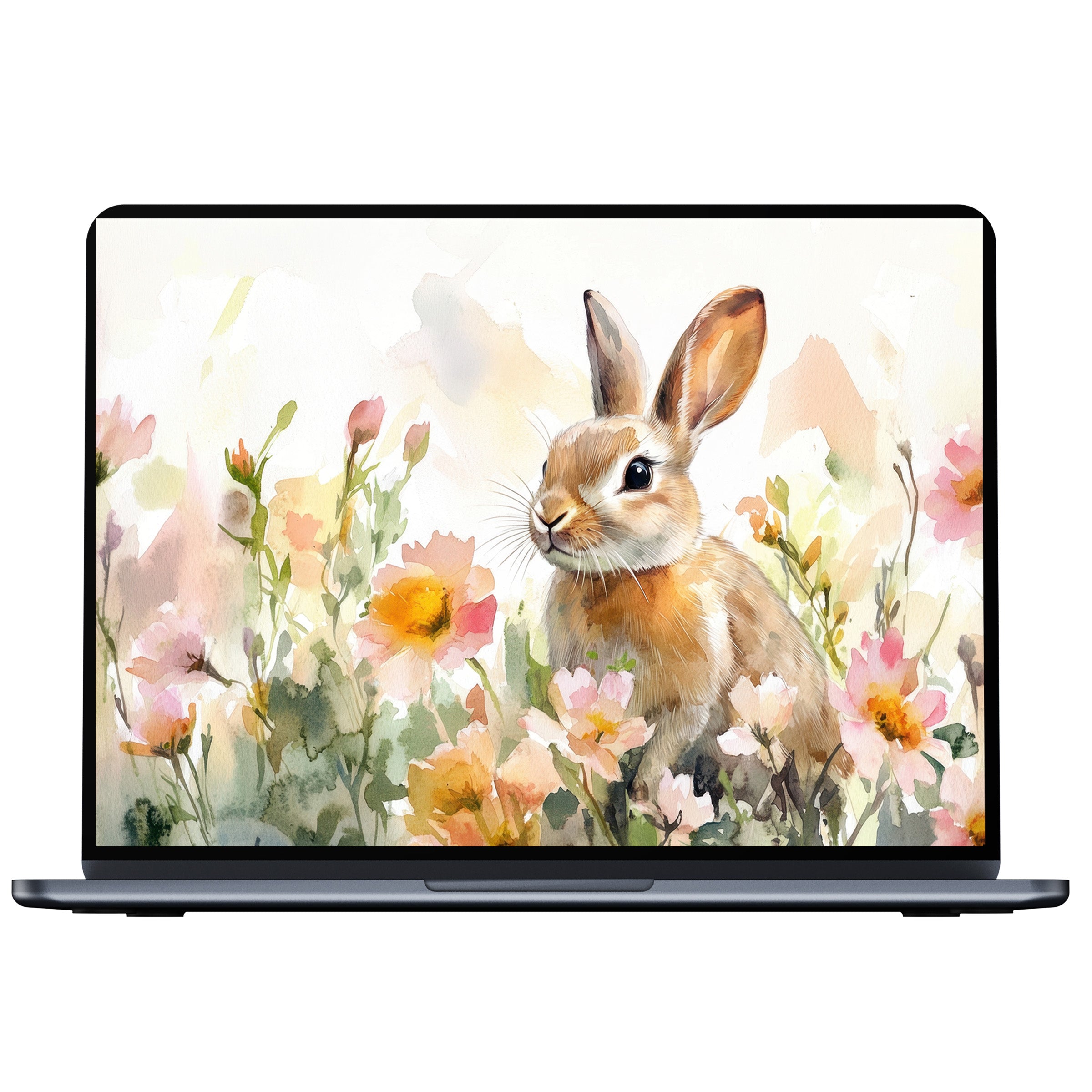 Easter desktop wallpaper with a serene watercolor bunny among pastel flowers for PC and laptop digital download tranquility