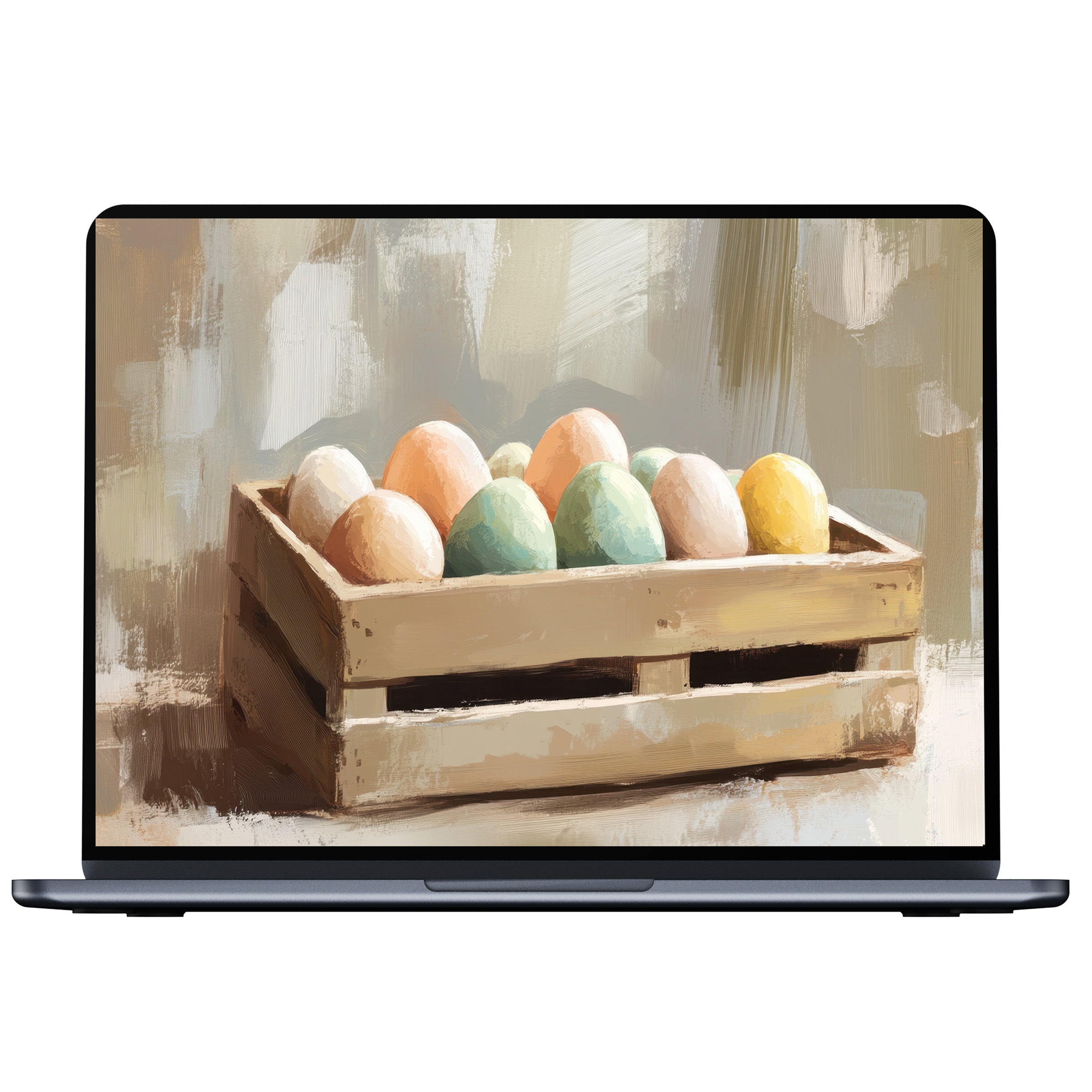 Easter desktop wallpaper featuring pastel eggs in a rustic crate, ideal digital download for PC, Laptop, or Mac users seeking calm elegance
