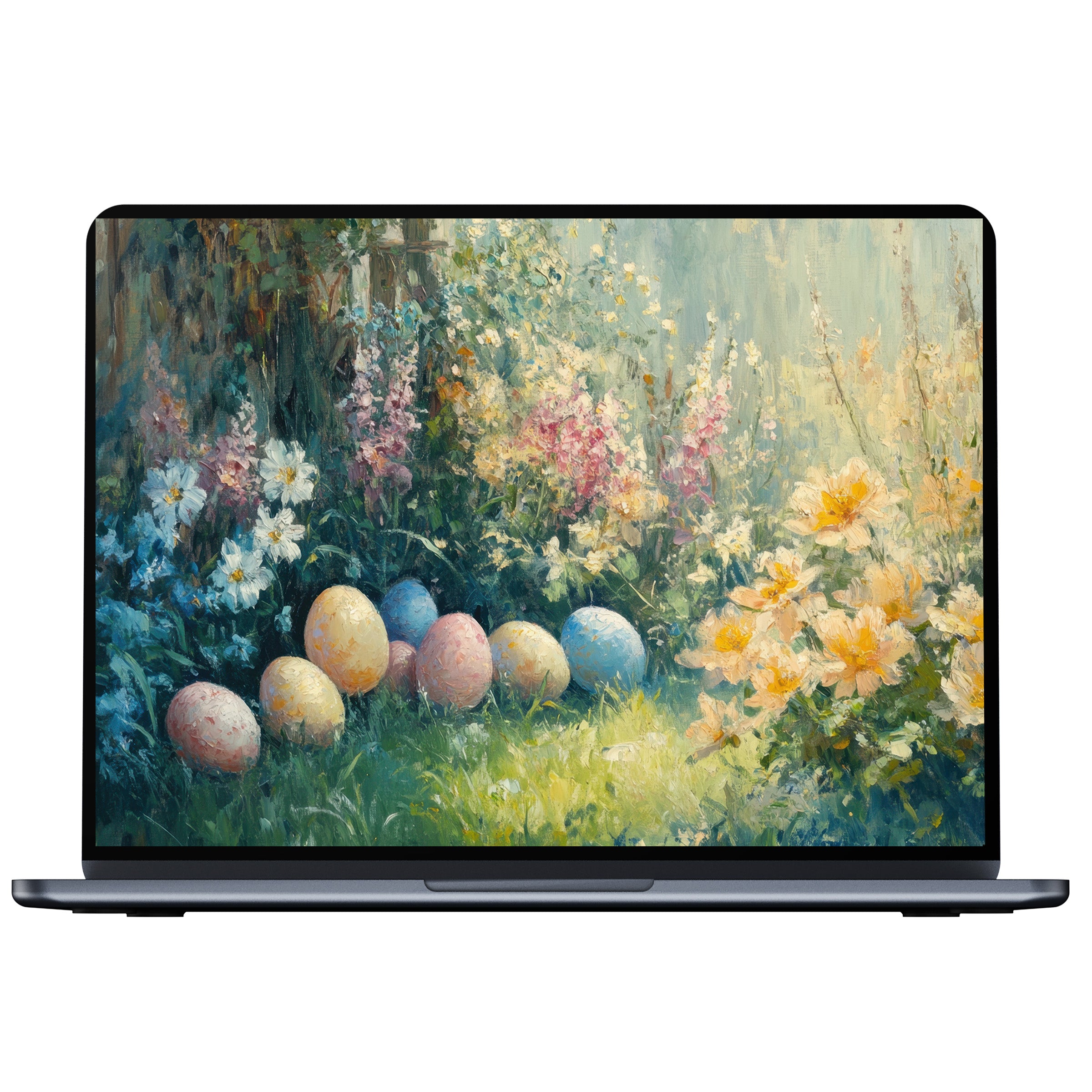 Easter desktop wallpaper digital download with pastel eggs in a serene floral garden painting for PC or laptop elegance