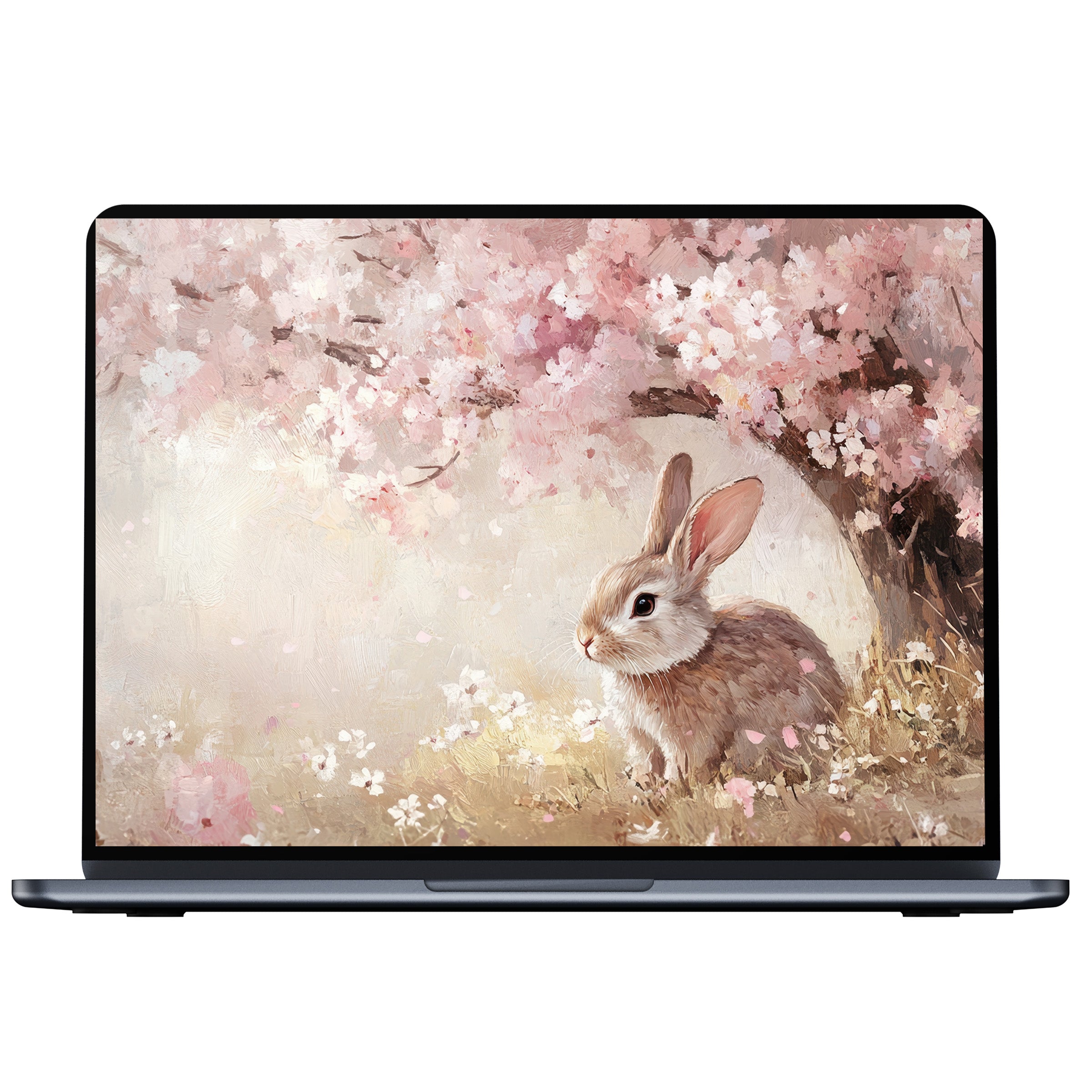 Easter desktop wallpaper featuring a serene bunny under cherry blossoms offering calm elegance for PC, laptop, or Mac digital download