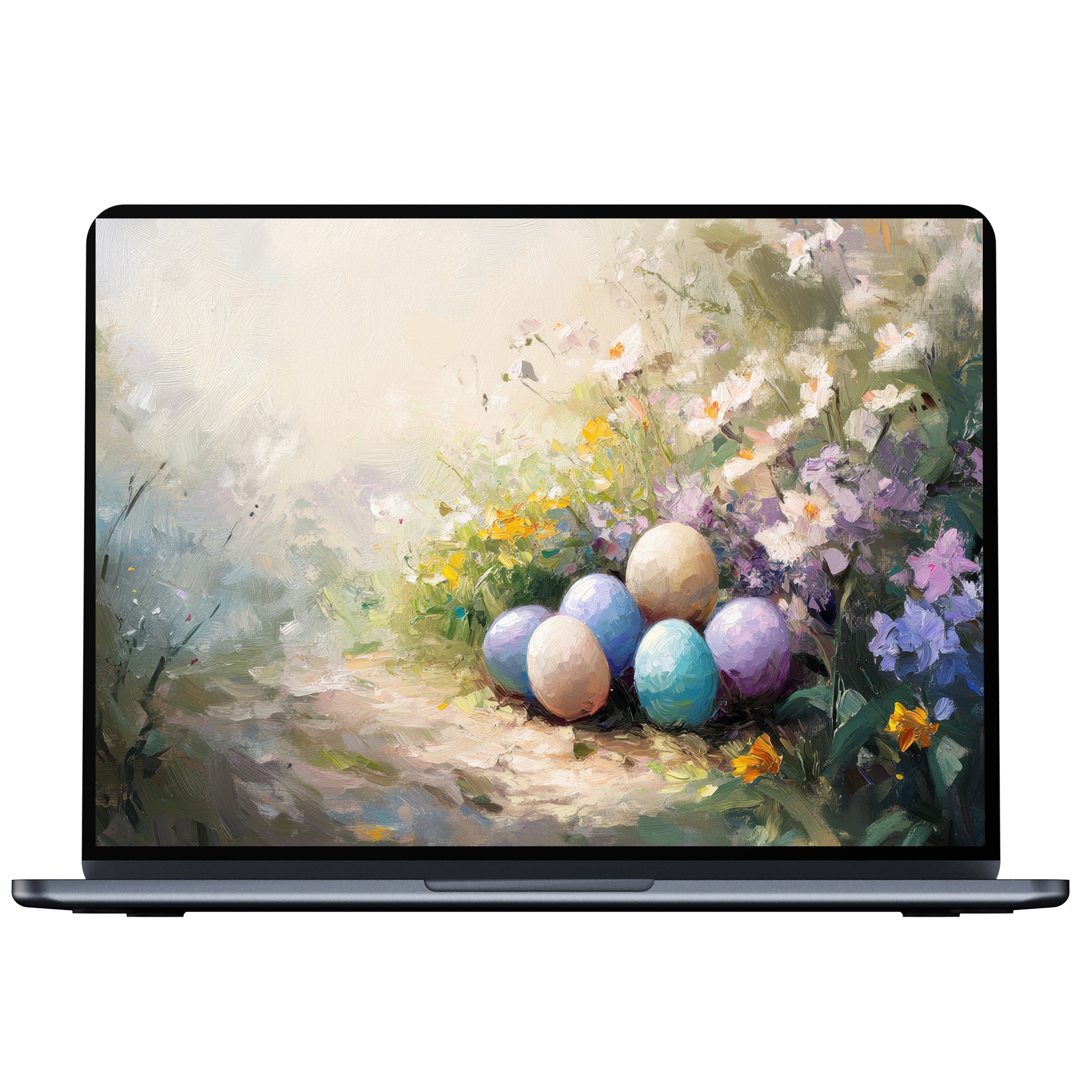 Elegant easter desktop wallpaper featuring pastel eggs in a tranquil floral setting ideal for PC, laptop, or digital download use