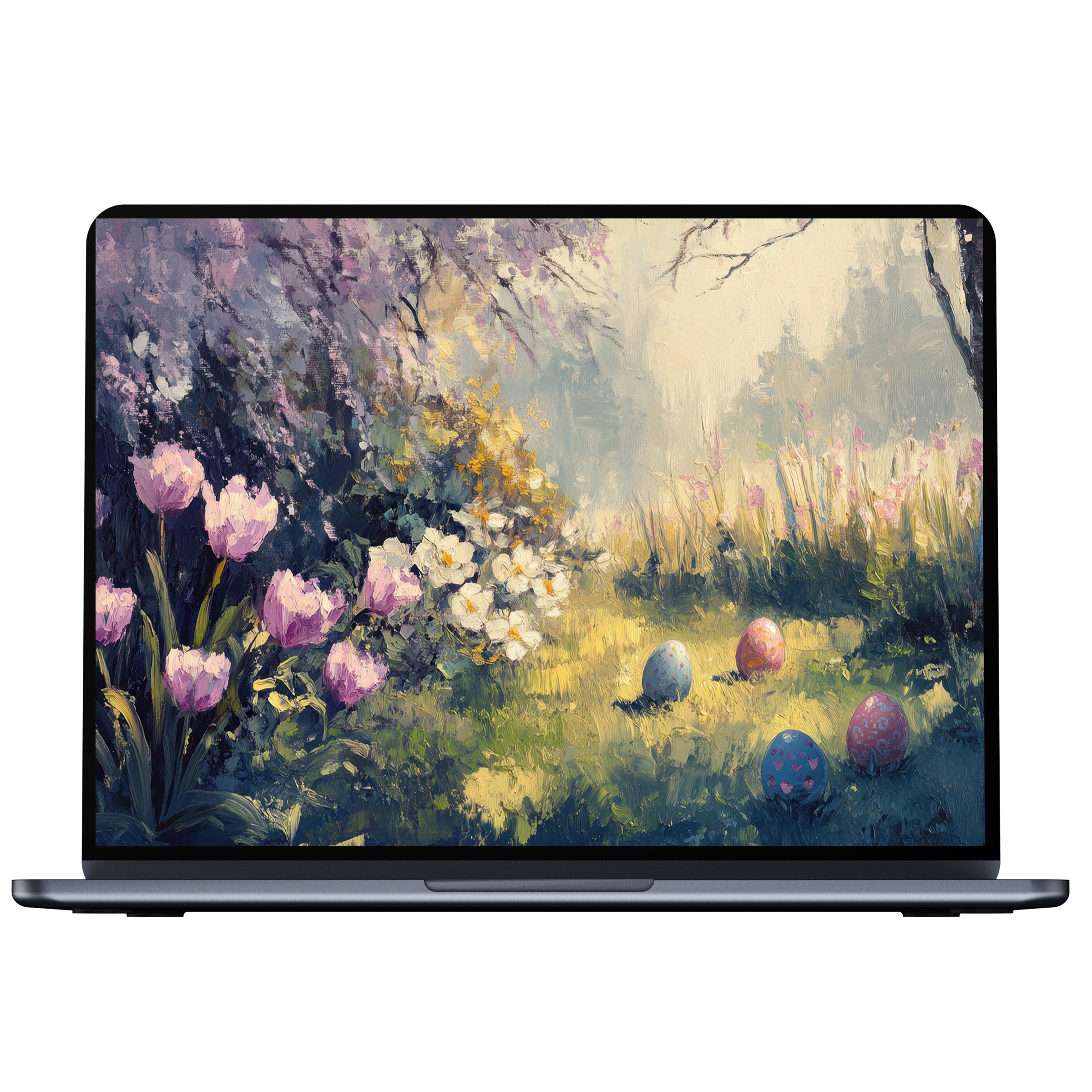 Easter desktop wallpaper of a serene meadow with pastel flowers and eggs, perfect digital download for PC and laptop décor