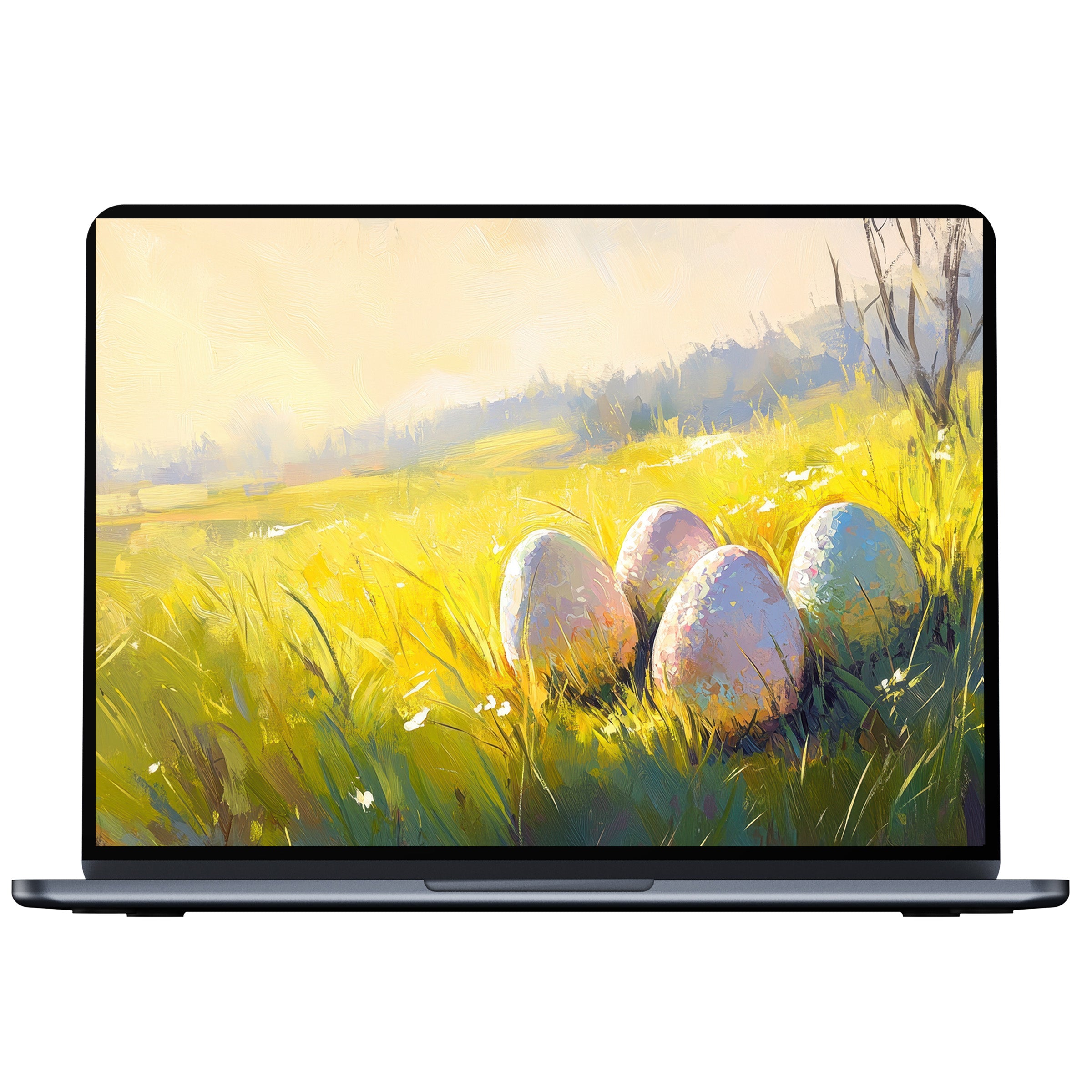 Easter desktop wallpaper featuring pastel eggs in a serene meadow evoking calm and elegance perfect for PC or laptop digital download