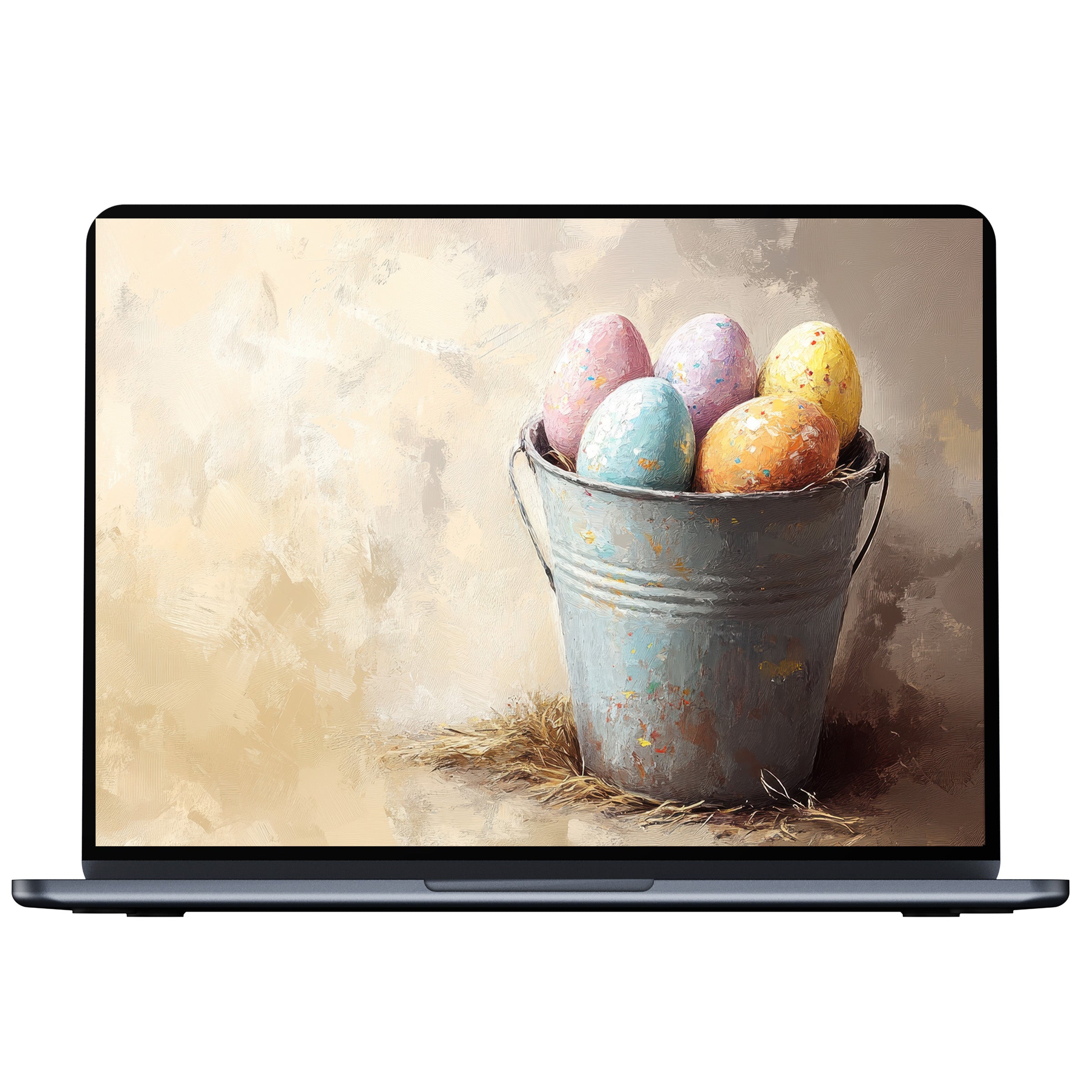 Easter desktop wallpaper featuring a rustic bucket of pastel eggs on textured background for PC or laptop digital download