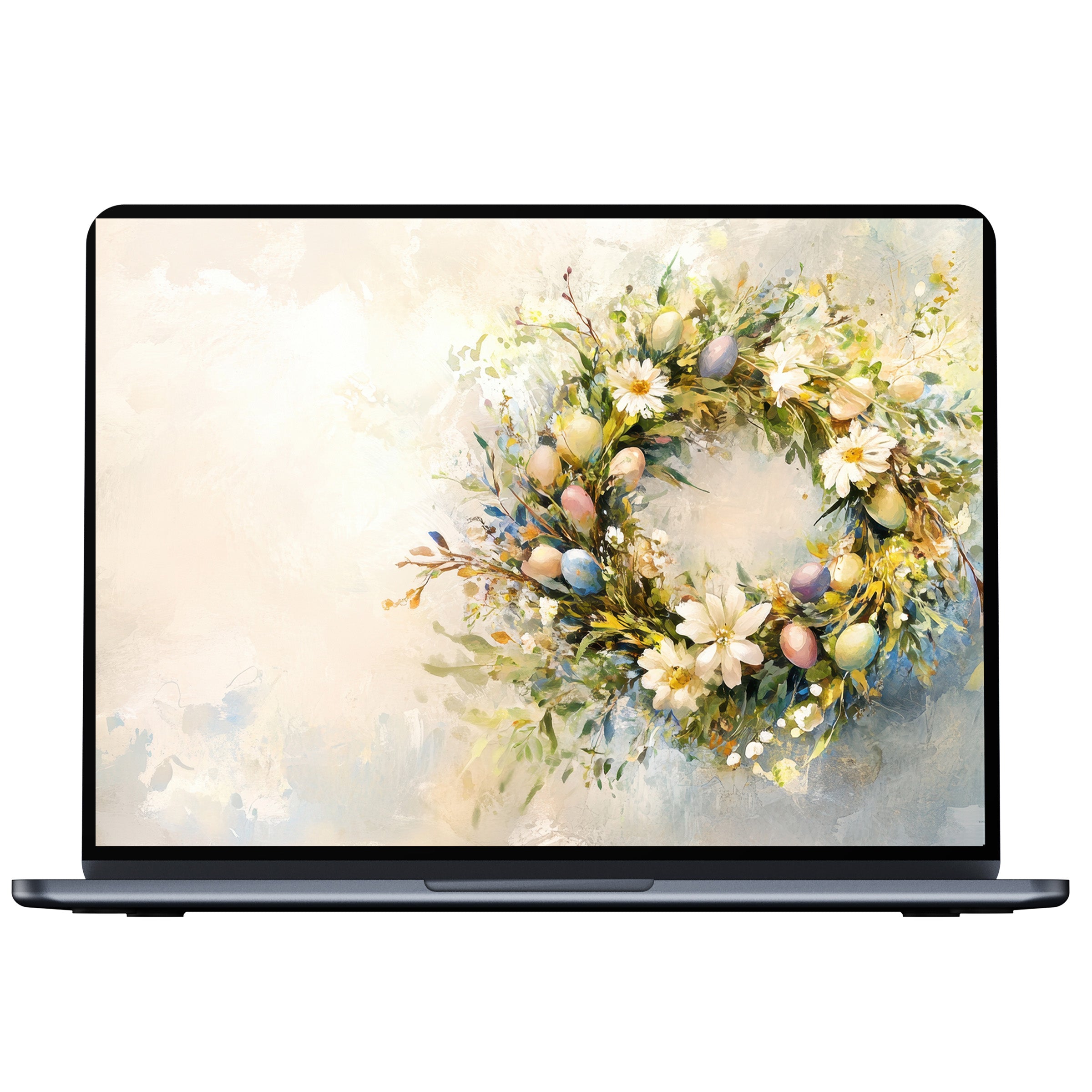 Easter desktop wallpaper featuring a floral wreath with pastel eggs and blossoms, offering calming elegance for PC and laptop digital download