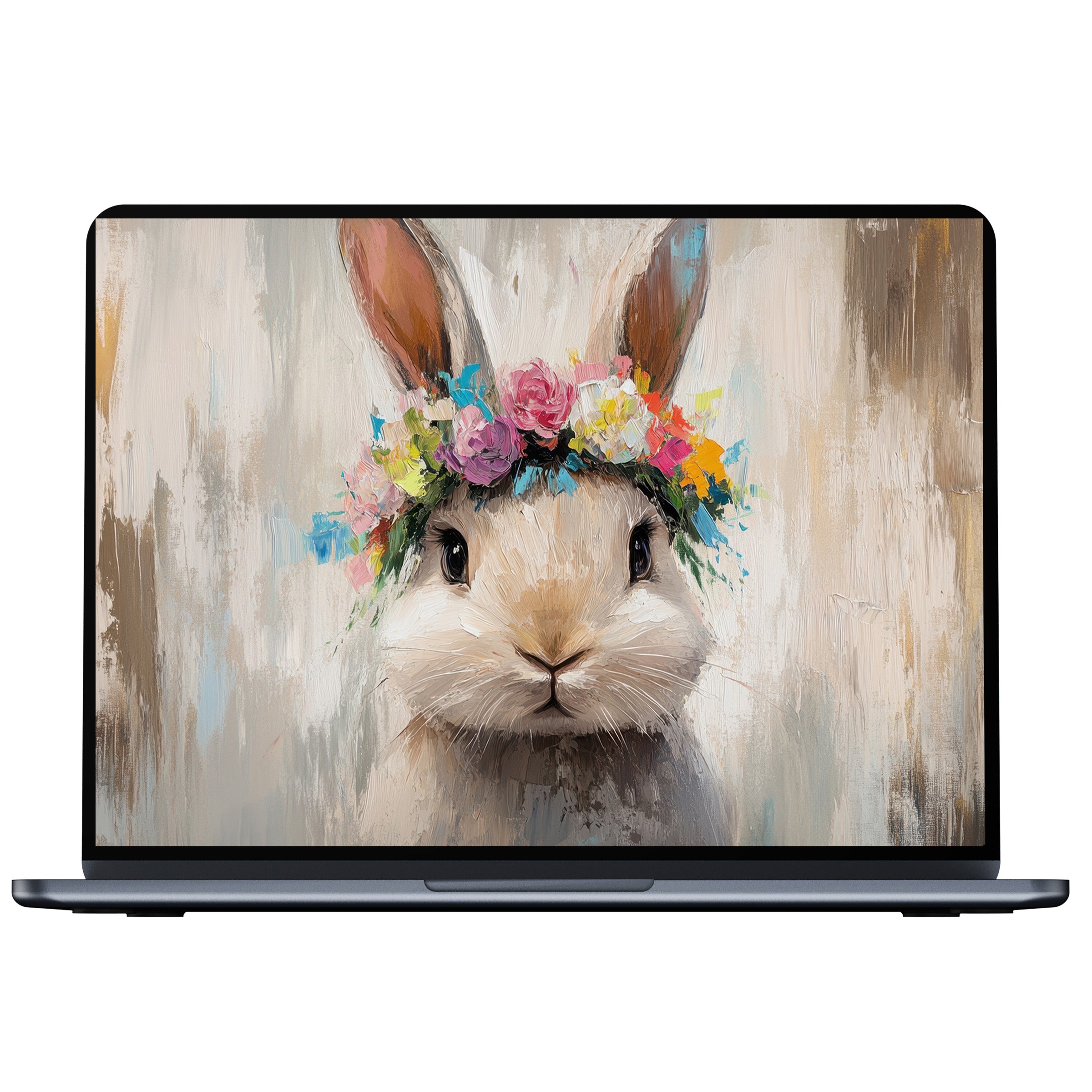Elegant digital download of Easter desktop wallpaper featuring a whimsical bunny with floral crown perfect for PC or laptop display