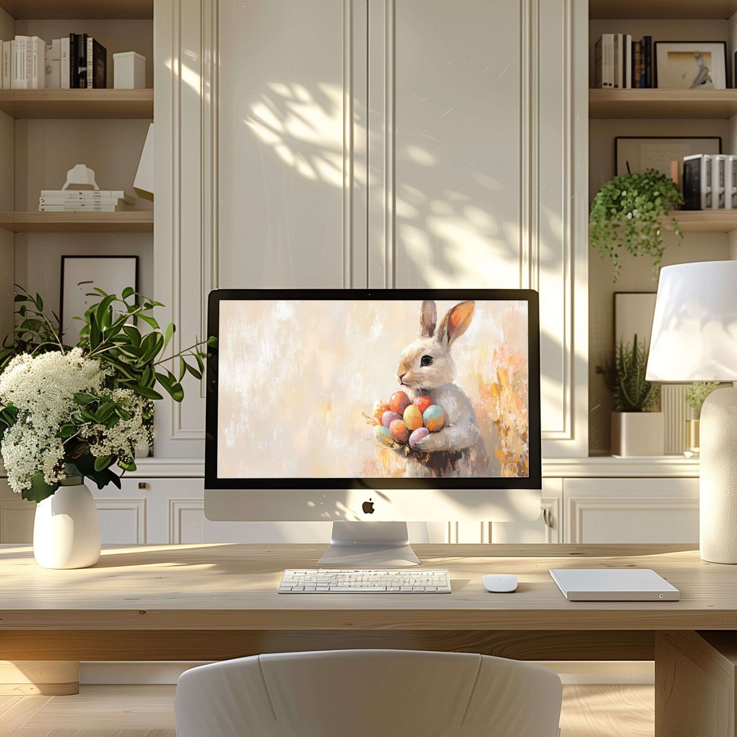 iMac on desk in cozy home office displaying a festive Easter wallpaper for Mac featuring a cute bunny holding colorful Easter eggs on a soft pastel background