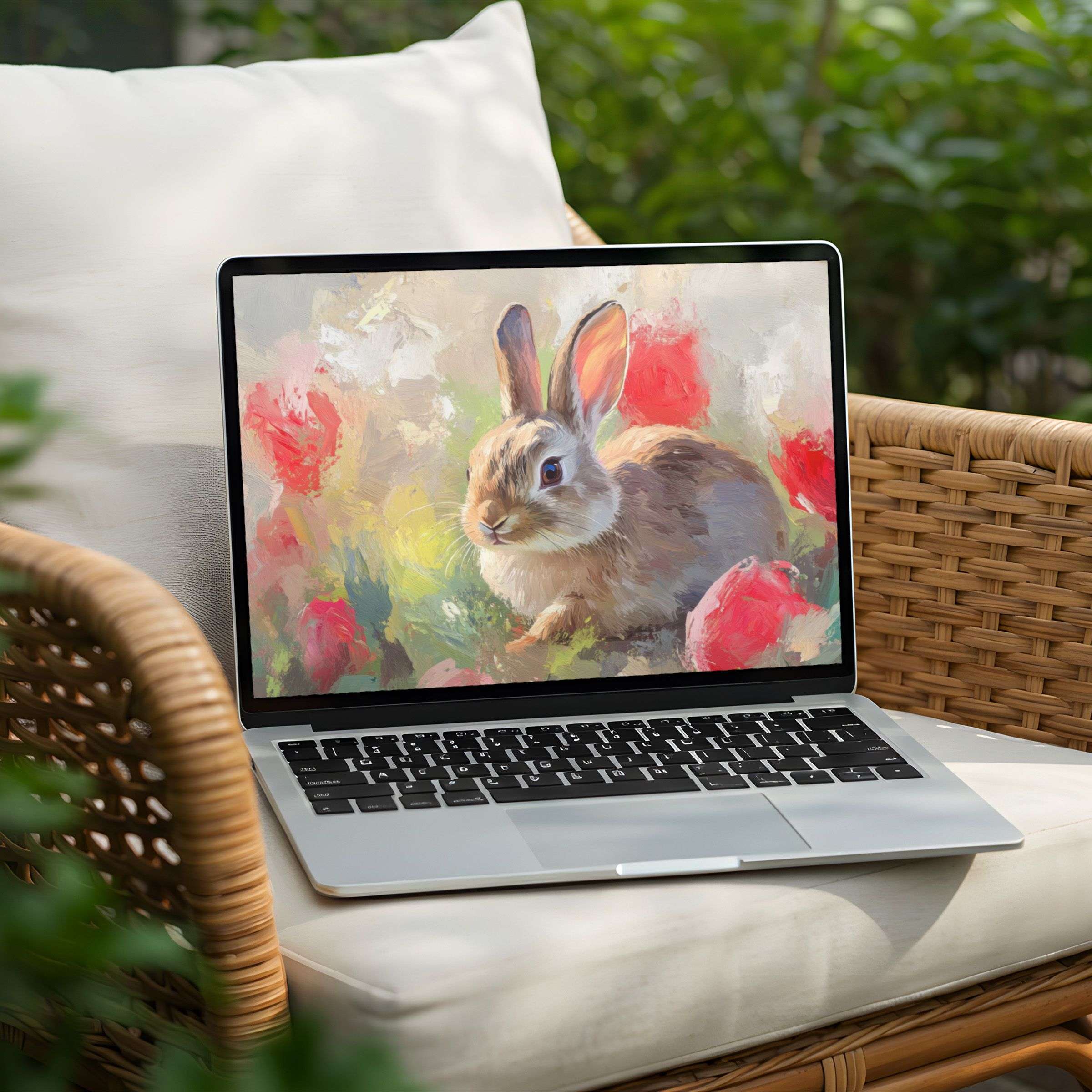 Serene rabbit art for desktop background on laptop offers instant download for PC users, inspiring elegance and mindfulness