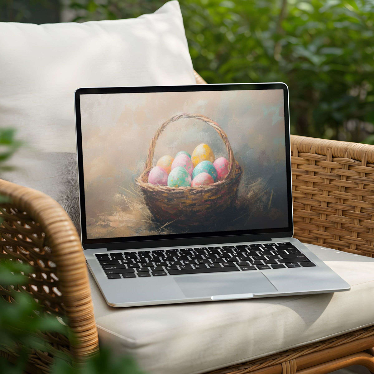 Serene desktop background for instant download featuring pastel basket art on a PC or Laptop inspiring calm and elegance
