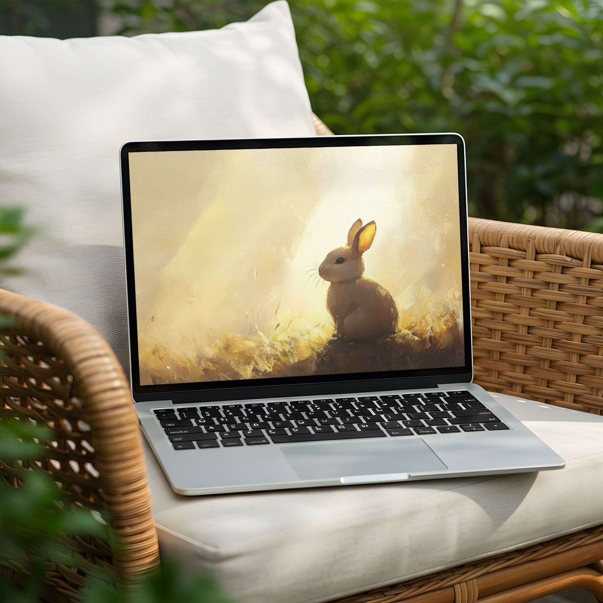 Elegant rabbit-themed desktop background for PC or Laptop instant download invoking calm and inspiration with soft hues and textures