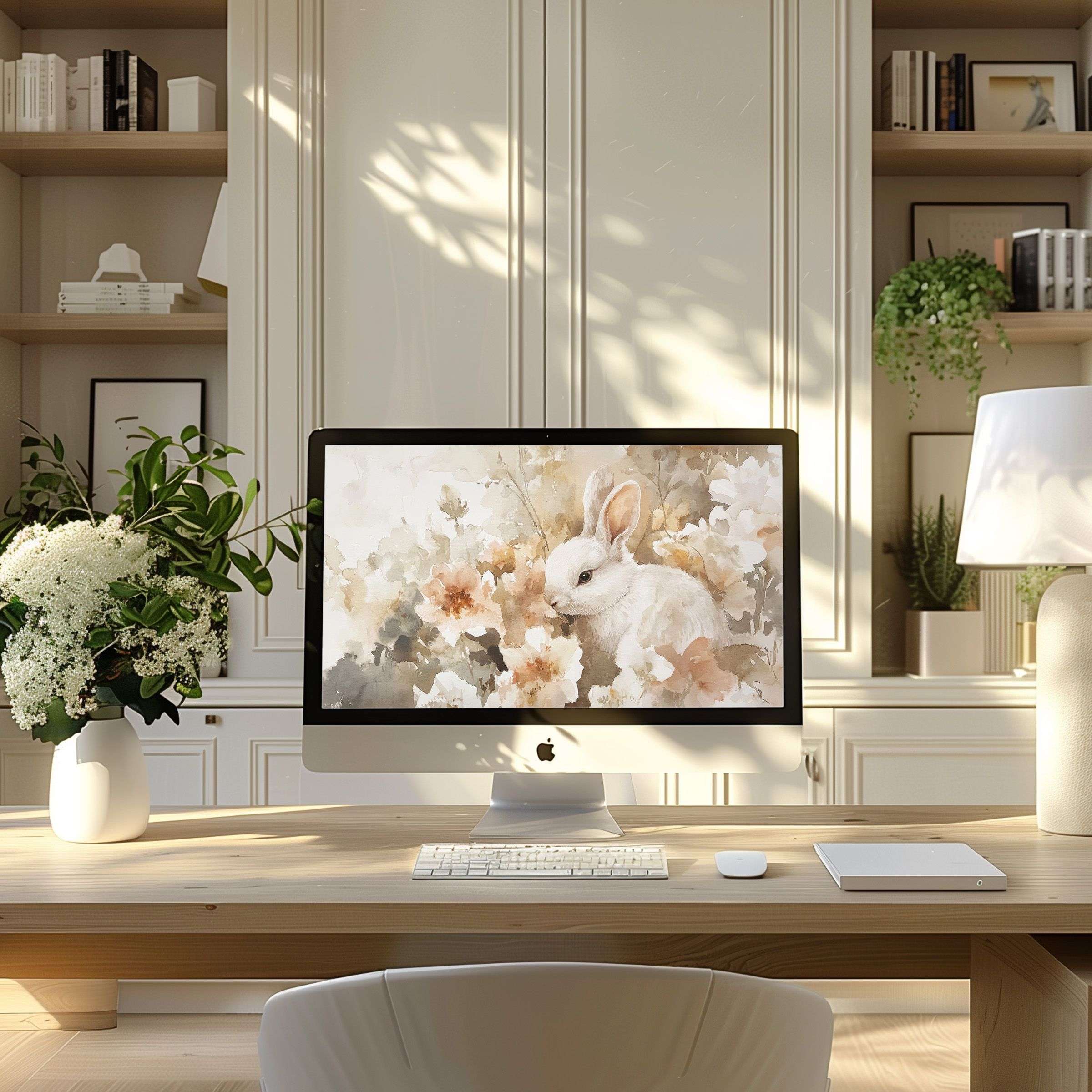 Calm and elegant wallpaper for computer featuring soft floral rabbit art, ideal for PC and laptop use in a modern home office