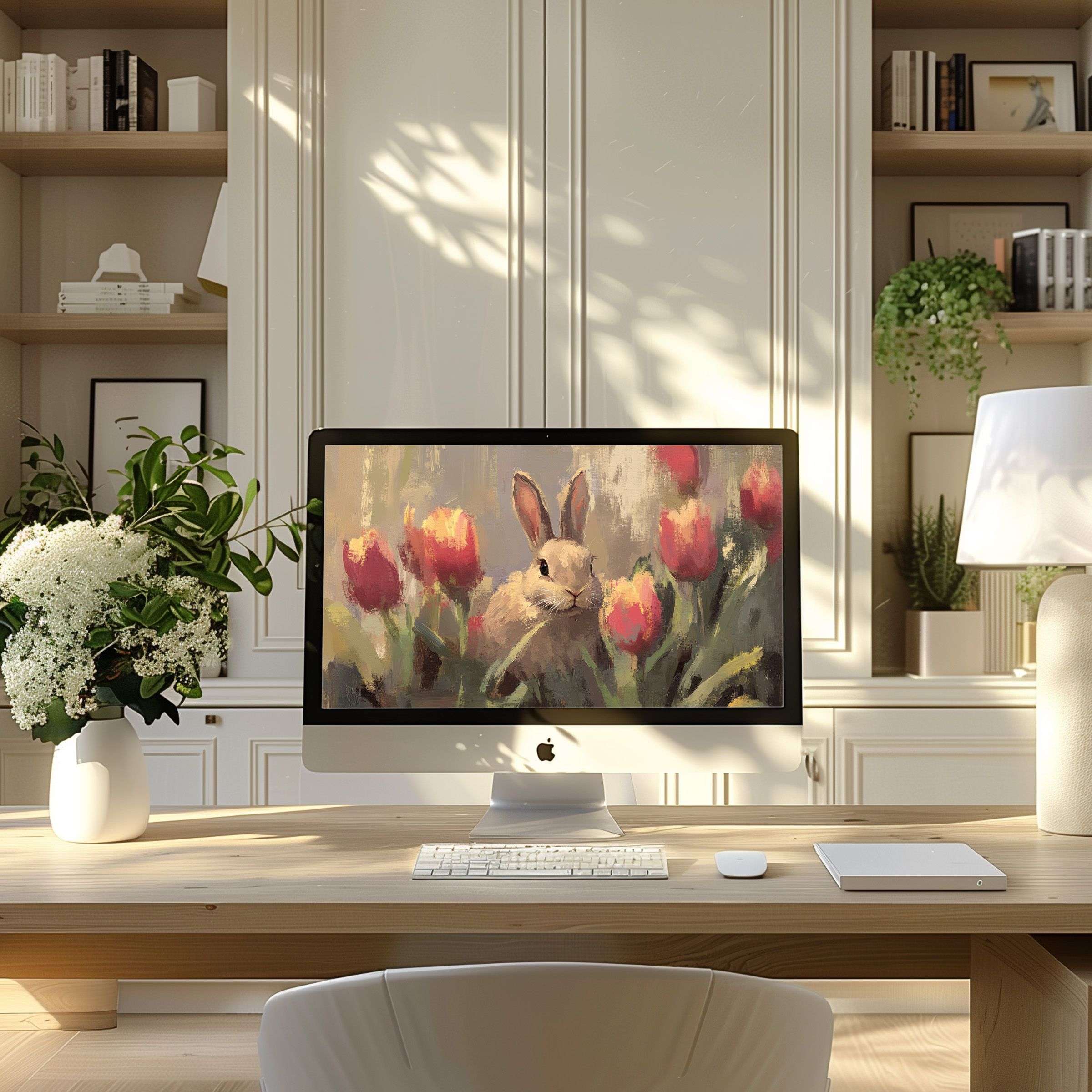 Elegant rabbit and tulip digital art as wallpaper for computer or laptop in modern home office inspires calm and creativity