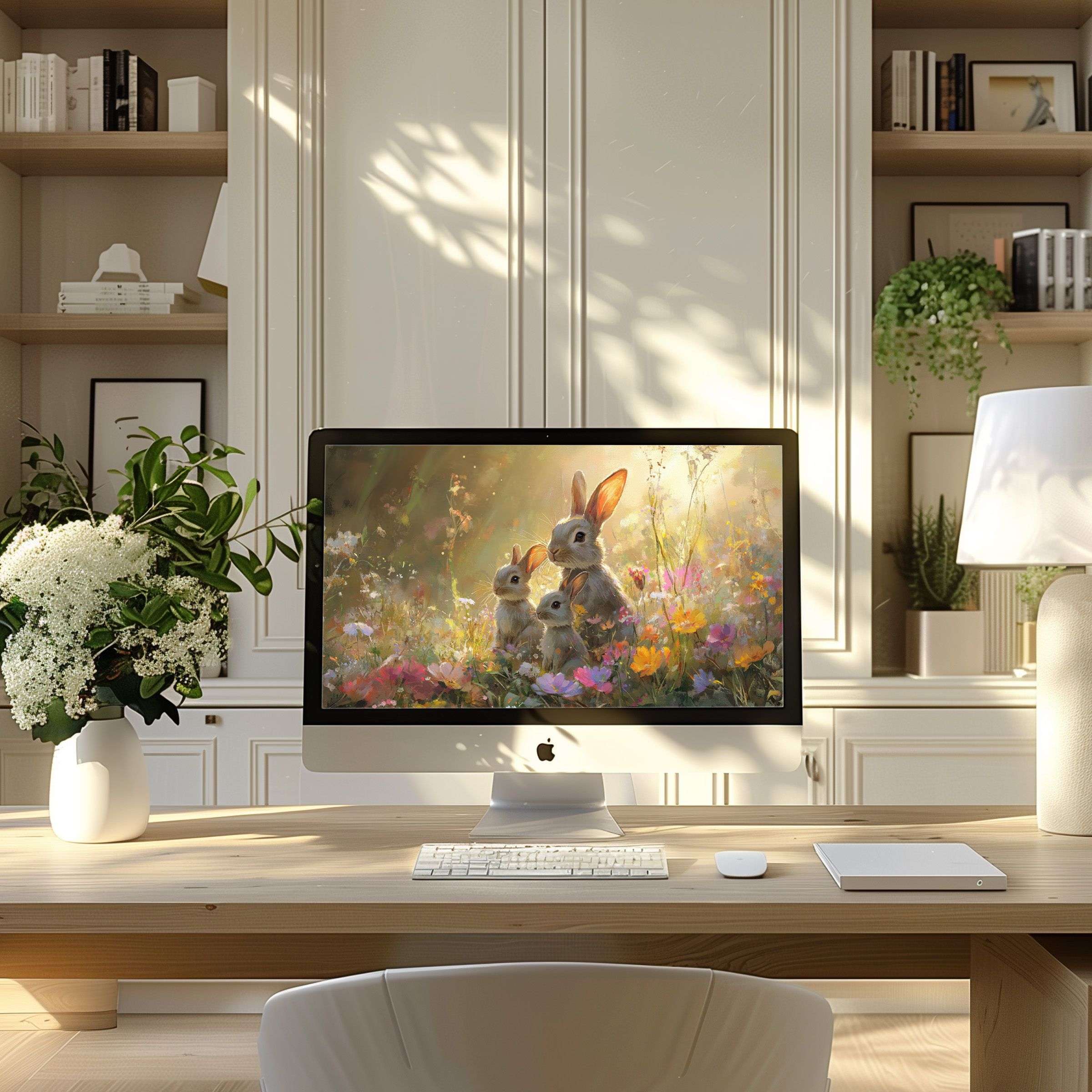 Elegant digital art of rabbits in a meadow offers calm and inspiration, perfect wallpaper for computer, PC, and laptop screens